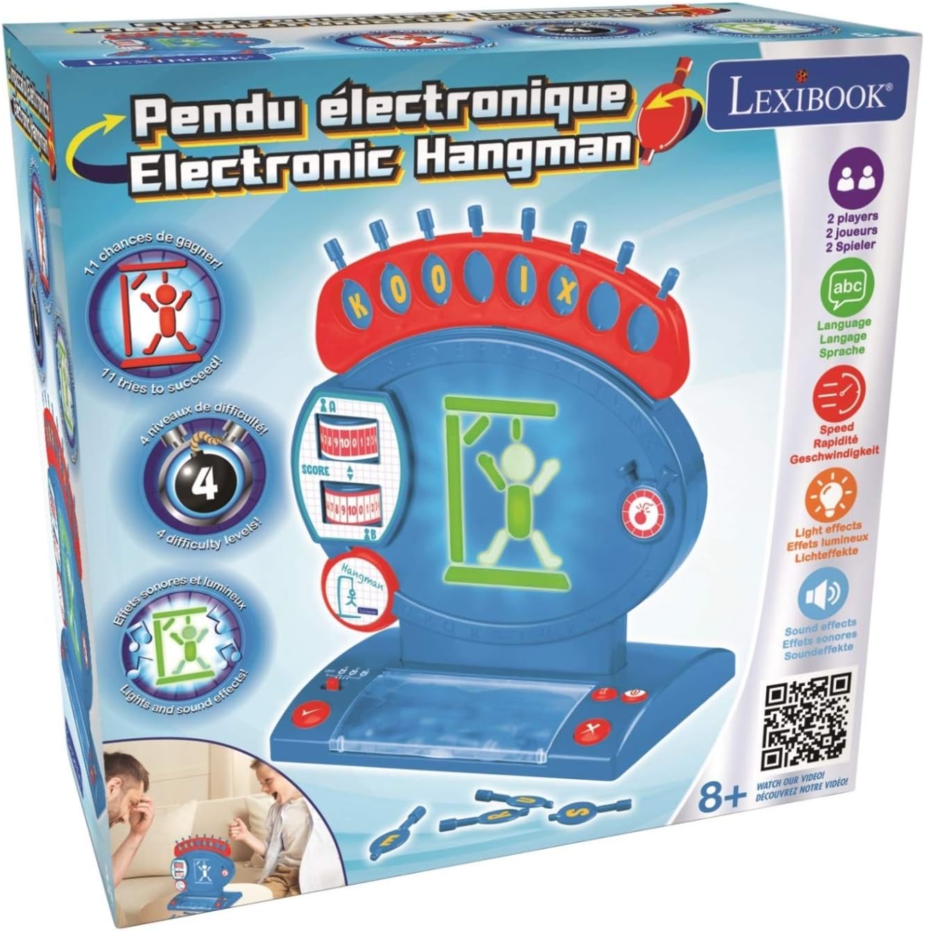 Lexibook JG800 Electronic Hangman Board Game, 2-Player Spelling Challenge with Light and Sound Effects, Blue/Red 2