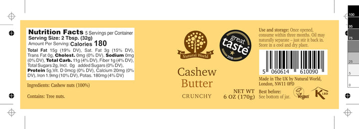 Nutural World - Crunchy Cashew Nut Butter (170g) - Great Taste Award Winner