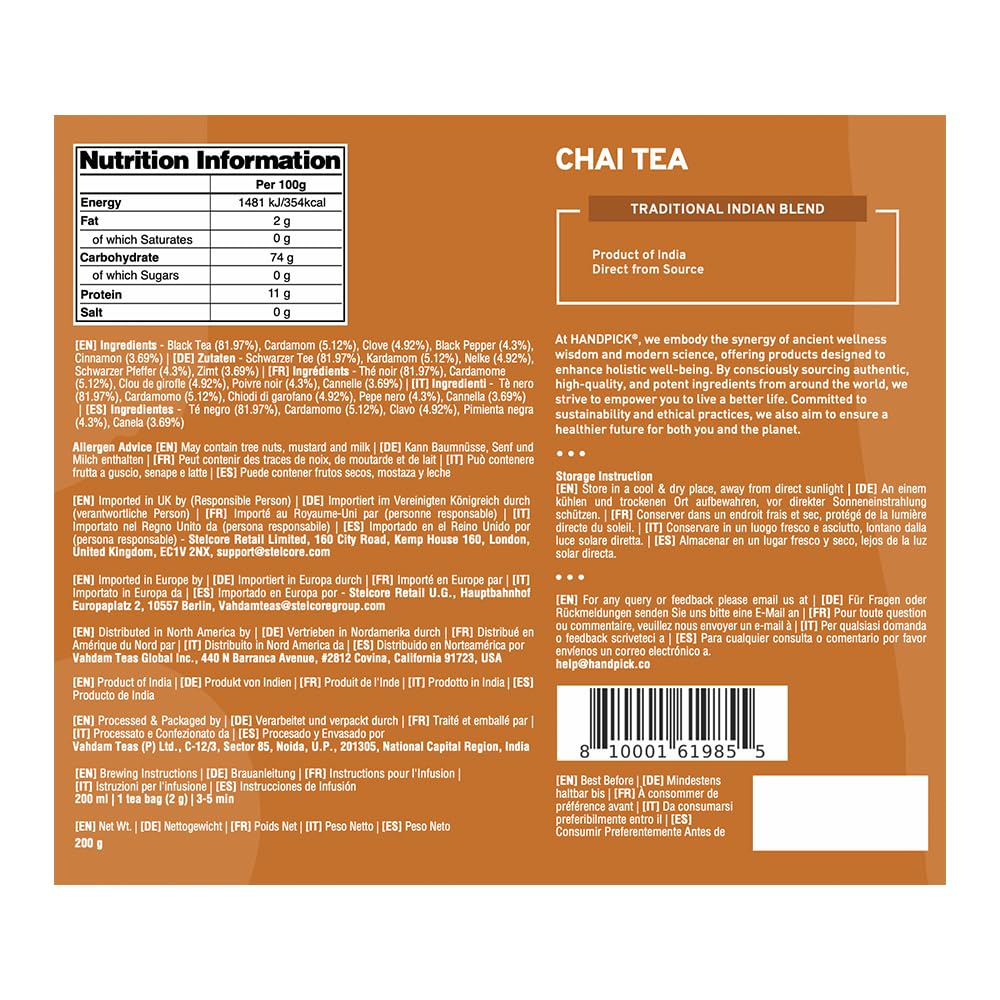 HANDPICK Masala Chai Tea Bags from India (100 Count) - Cinnamon, Black Pepper, Cloves & Cardamom - Eco-conscious Round Tea Bags