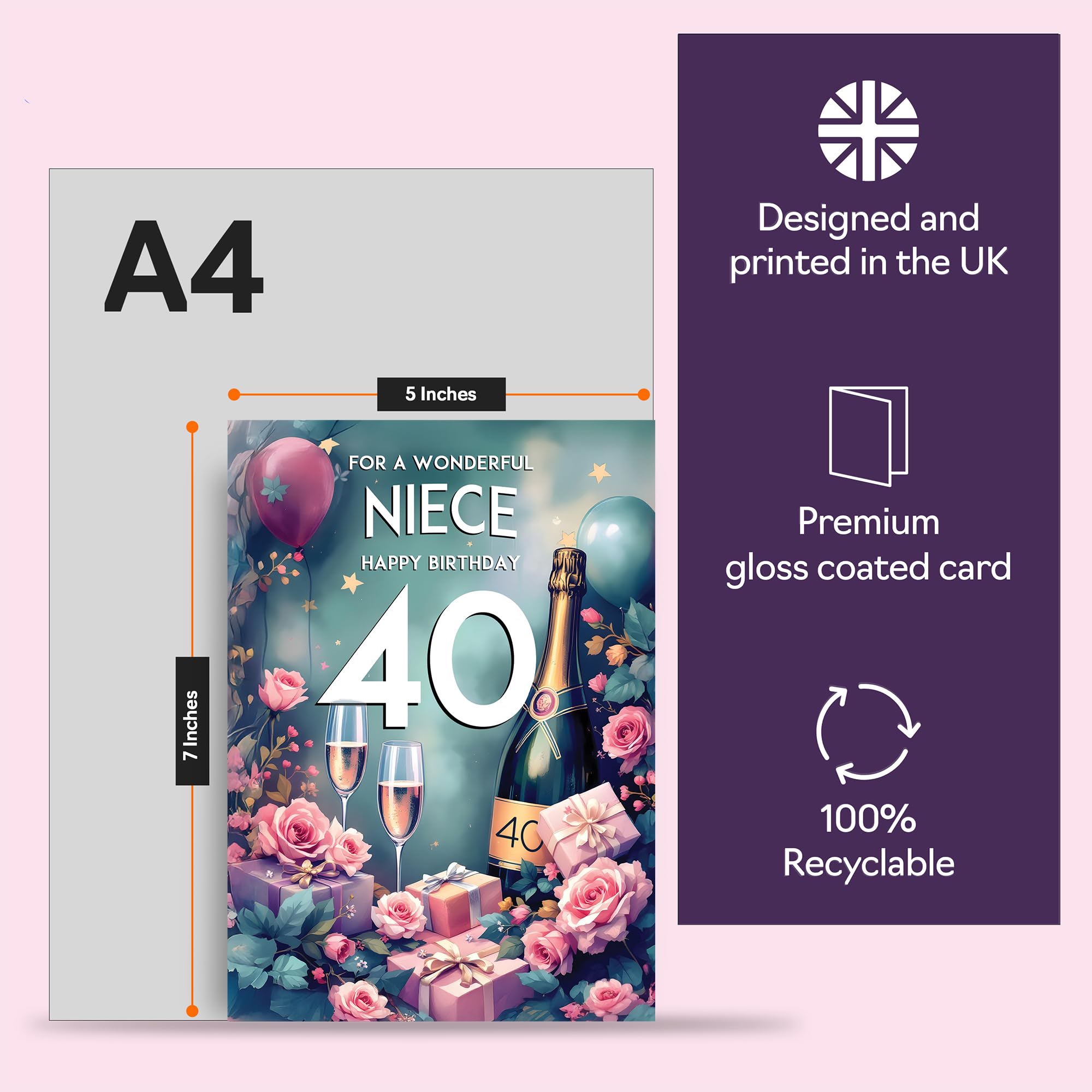 Giftzie 40th Birthday Card for Niece | 5x7 Inch Greeting Card with Envelope | Pink Presents & Champagne Design 5