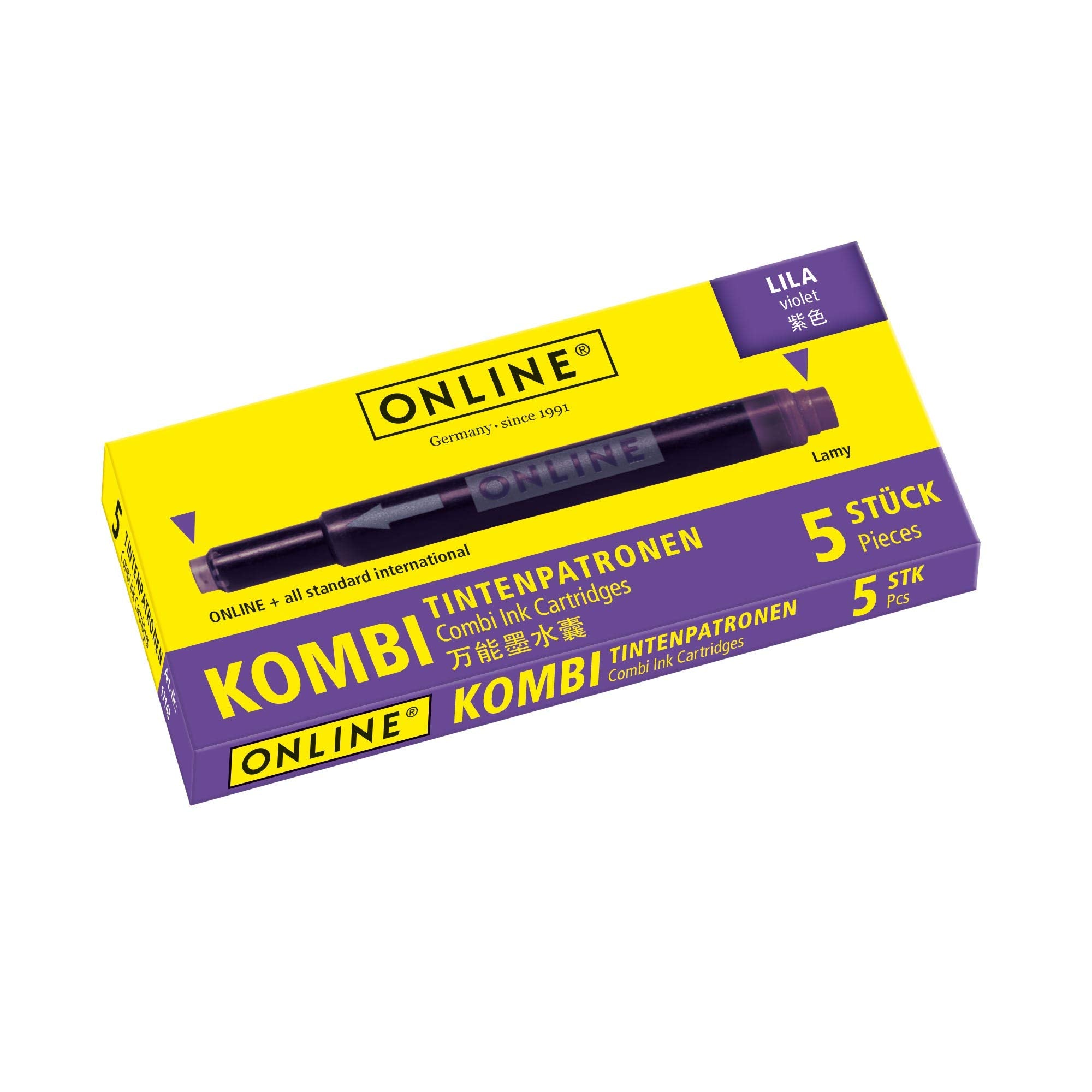Online Universal Double-Sided Fountain Pen Refills - 5 Lilac Cartridges | Compatible with Lamy 1