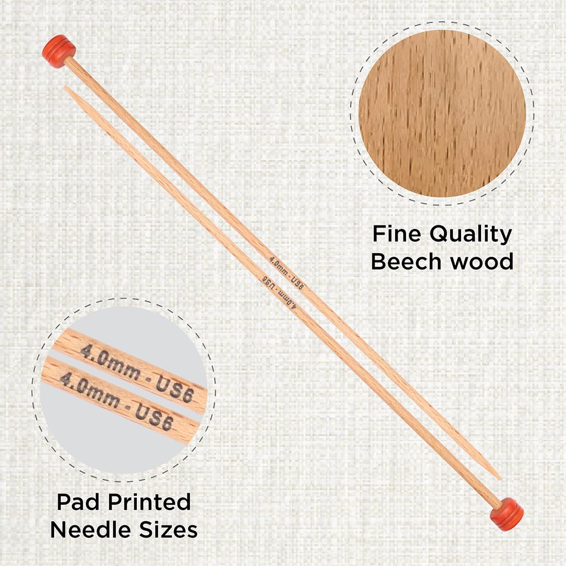 KNITPRO Basix Single Pointed Knitting Needles - 4.00mm x 25 cm, Beech Wood | Beginner Friendly