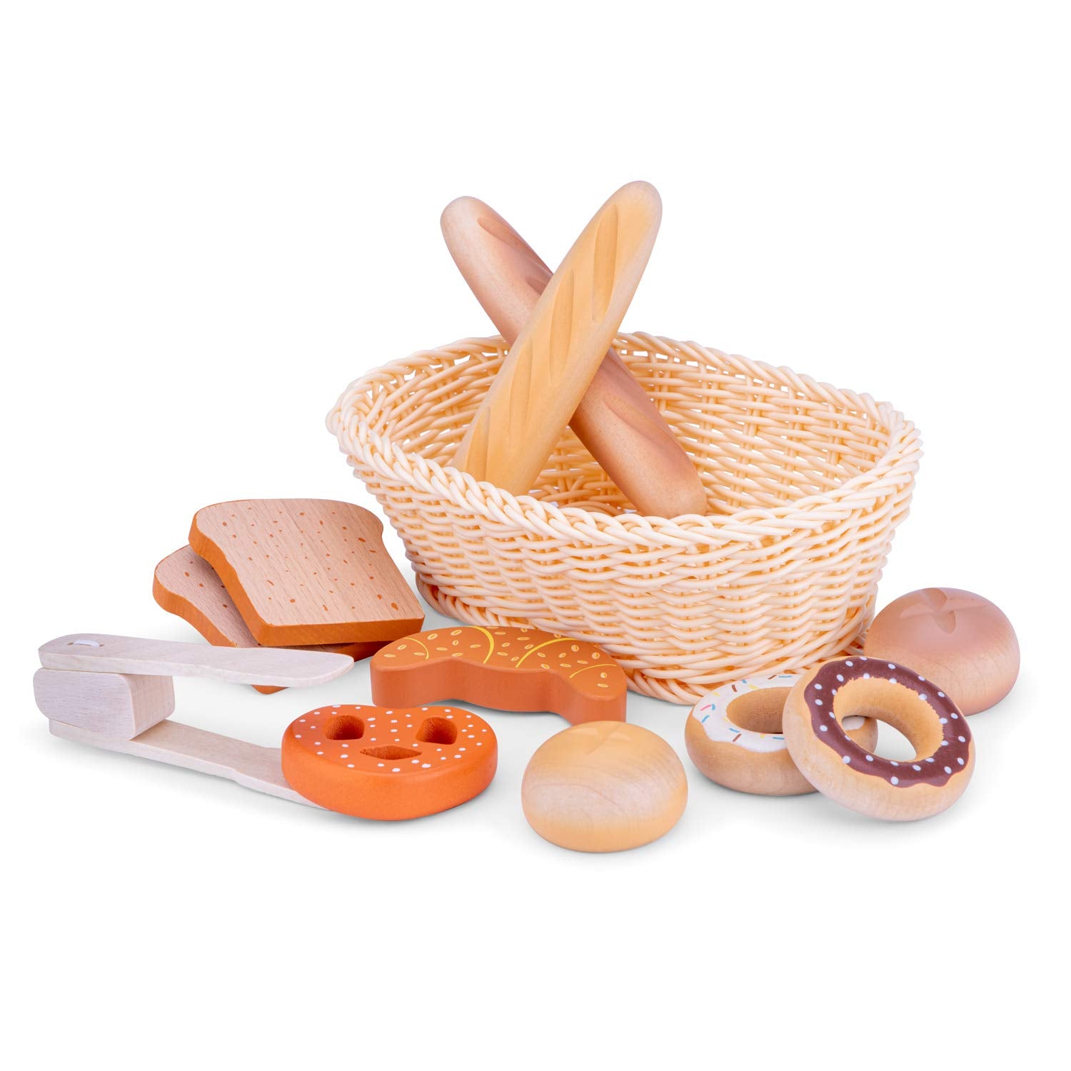 New Classic Toys Bread Basket with Wooden Bread Pieces for Pretend Play Kitchen | Ages 2+ | Wood 3