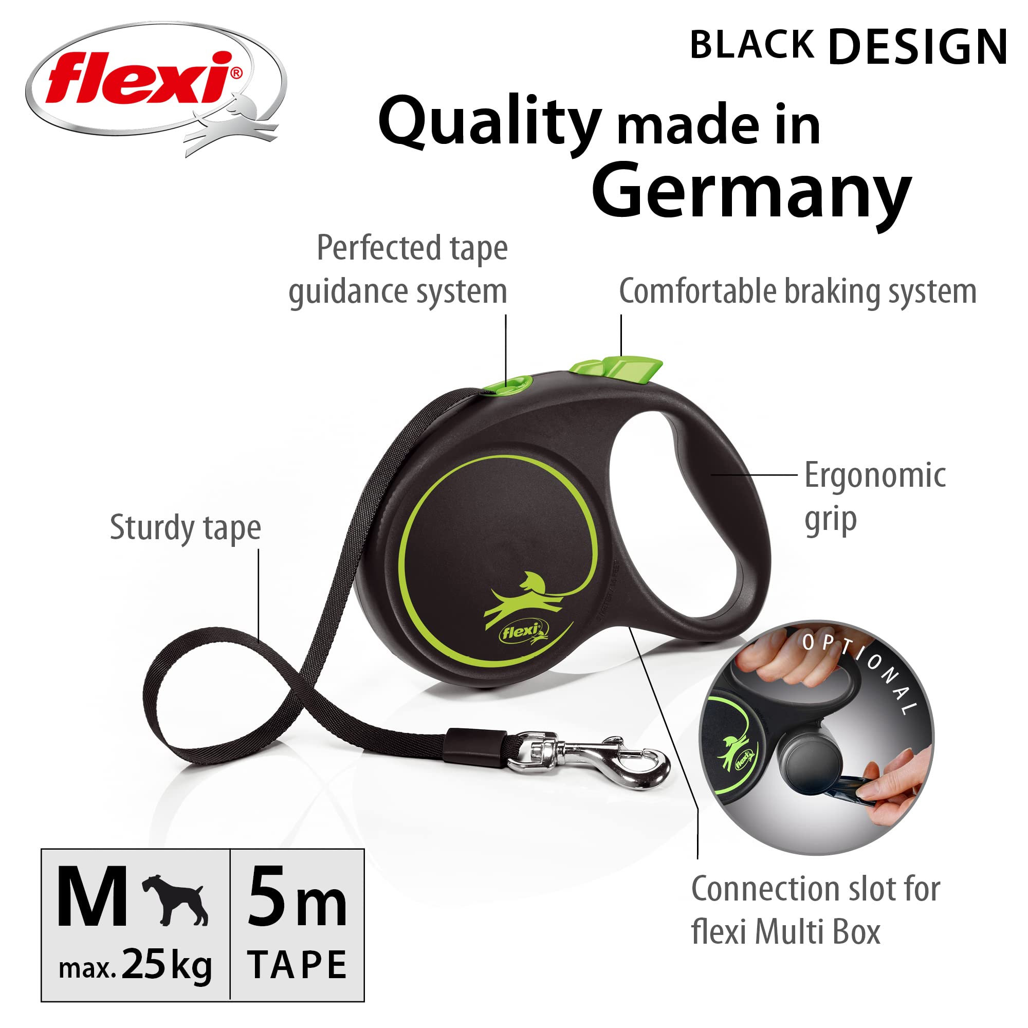 flexi Black Design M Retractable Tape Leash - 5m Length for Dogs up to 25 kg 2