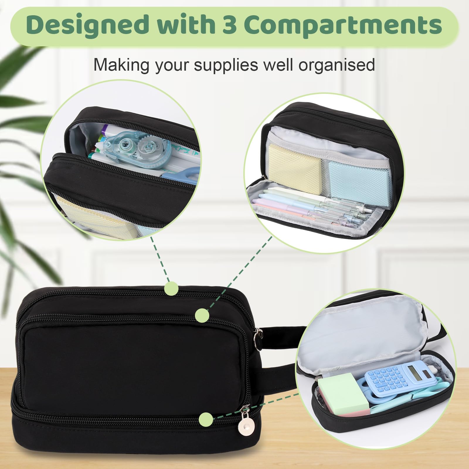 Alyvisun Large Capacity Pencil Case - 3 Compartments, Durable Canvas, Black | 22cm x 9cm x 14cm 3