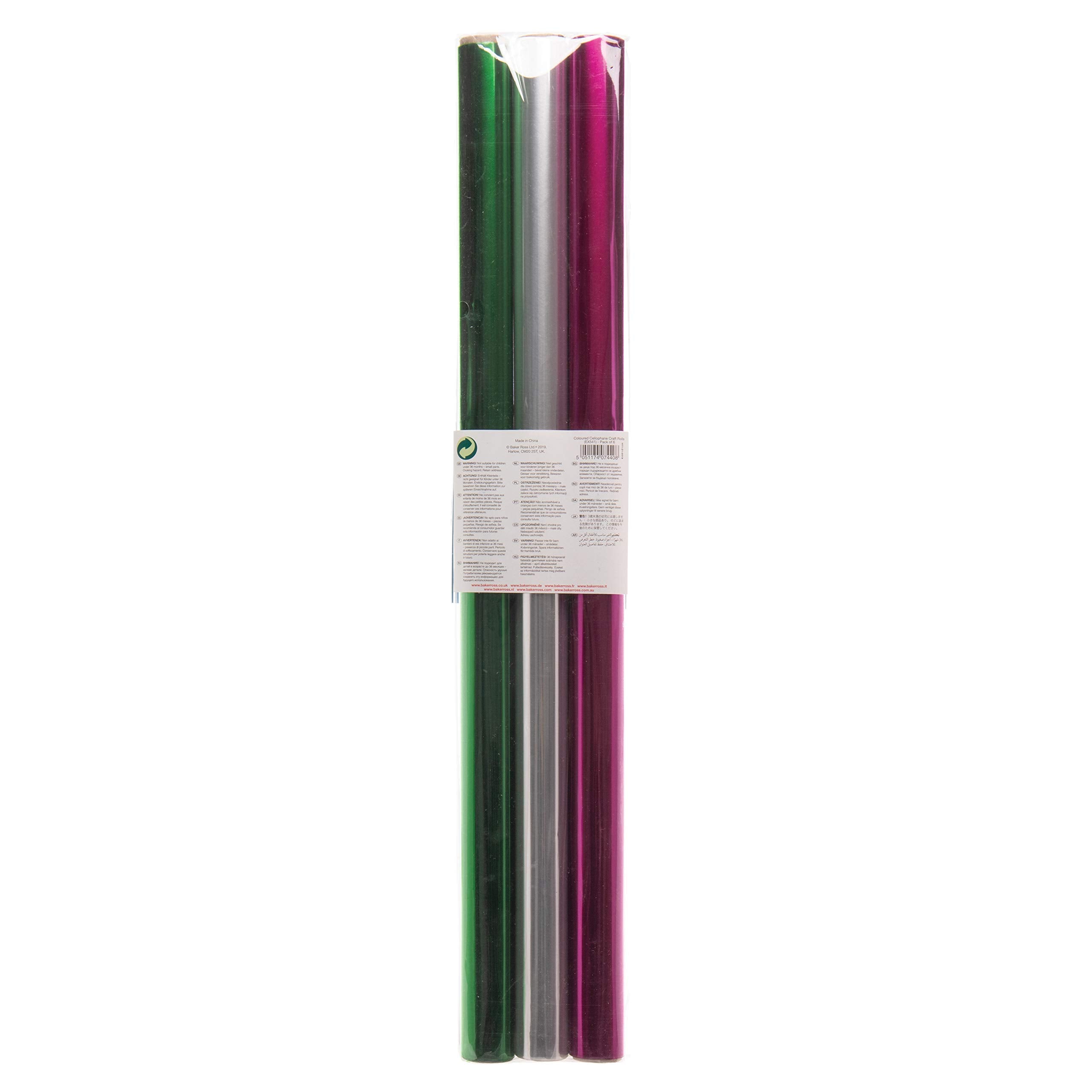 Baker Ross EX541 Cellophane Film Rolls - 6 Pack, Assorted Colours | 4.5m x 50cm 5