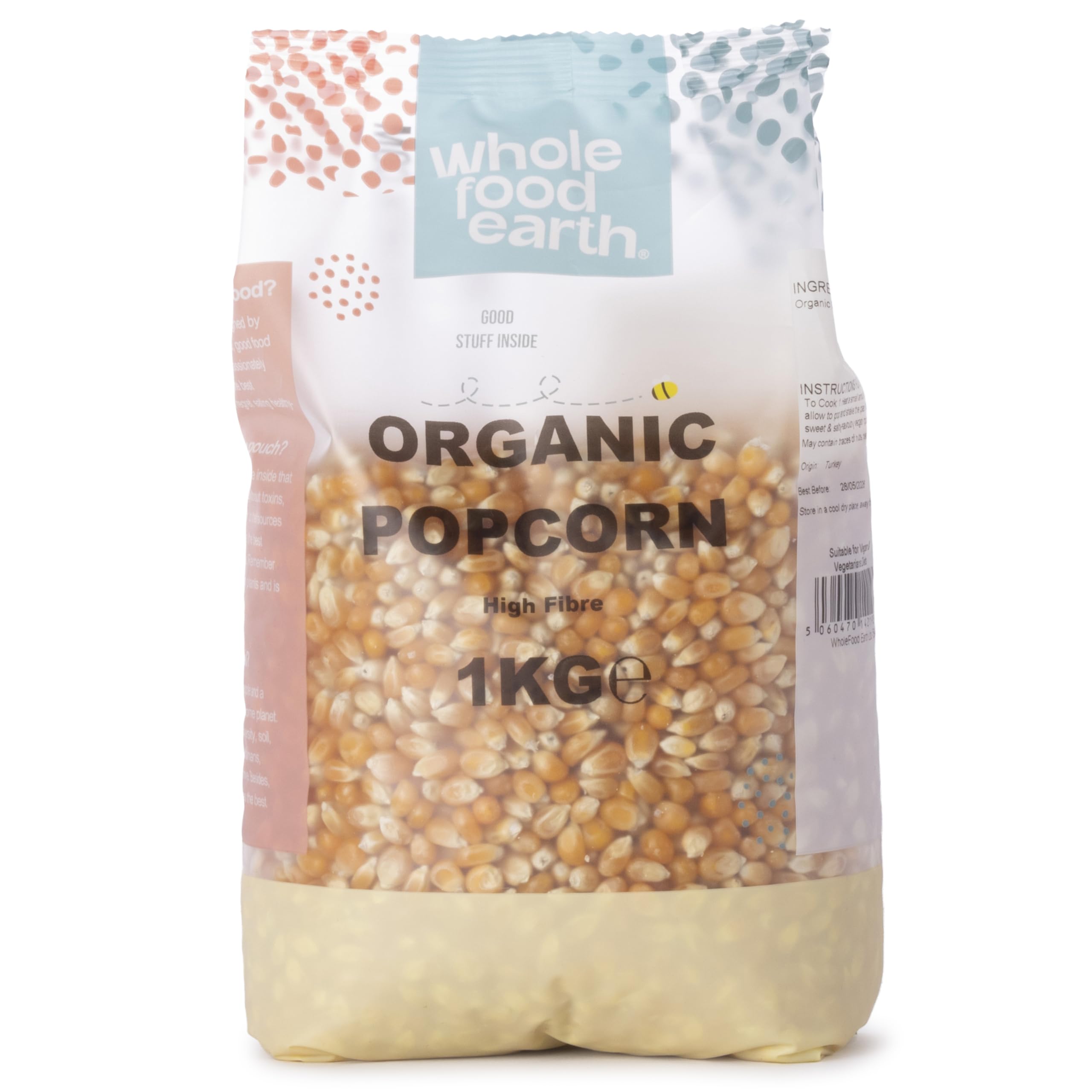 Wholefood Earth Organic Popping Corn Kernels - 1kg | GMO Free | Vegan | High Fibre 1