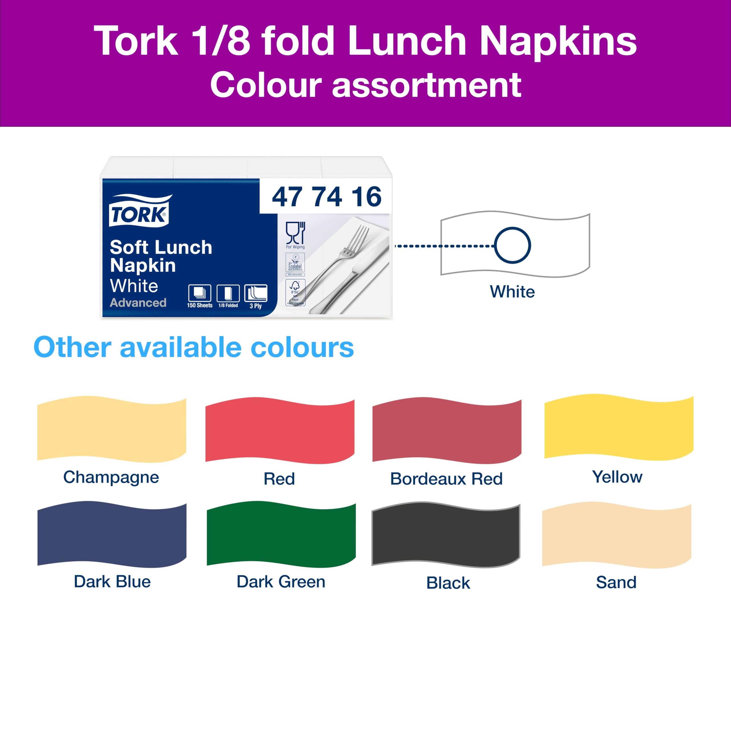 Tork White Soft Lunch Napkin - 3-Ply, 1/8 Fold, 33 cm x 33 cm, 4 x 150 Count 5