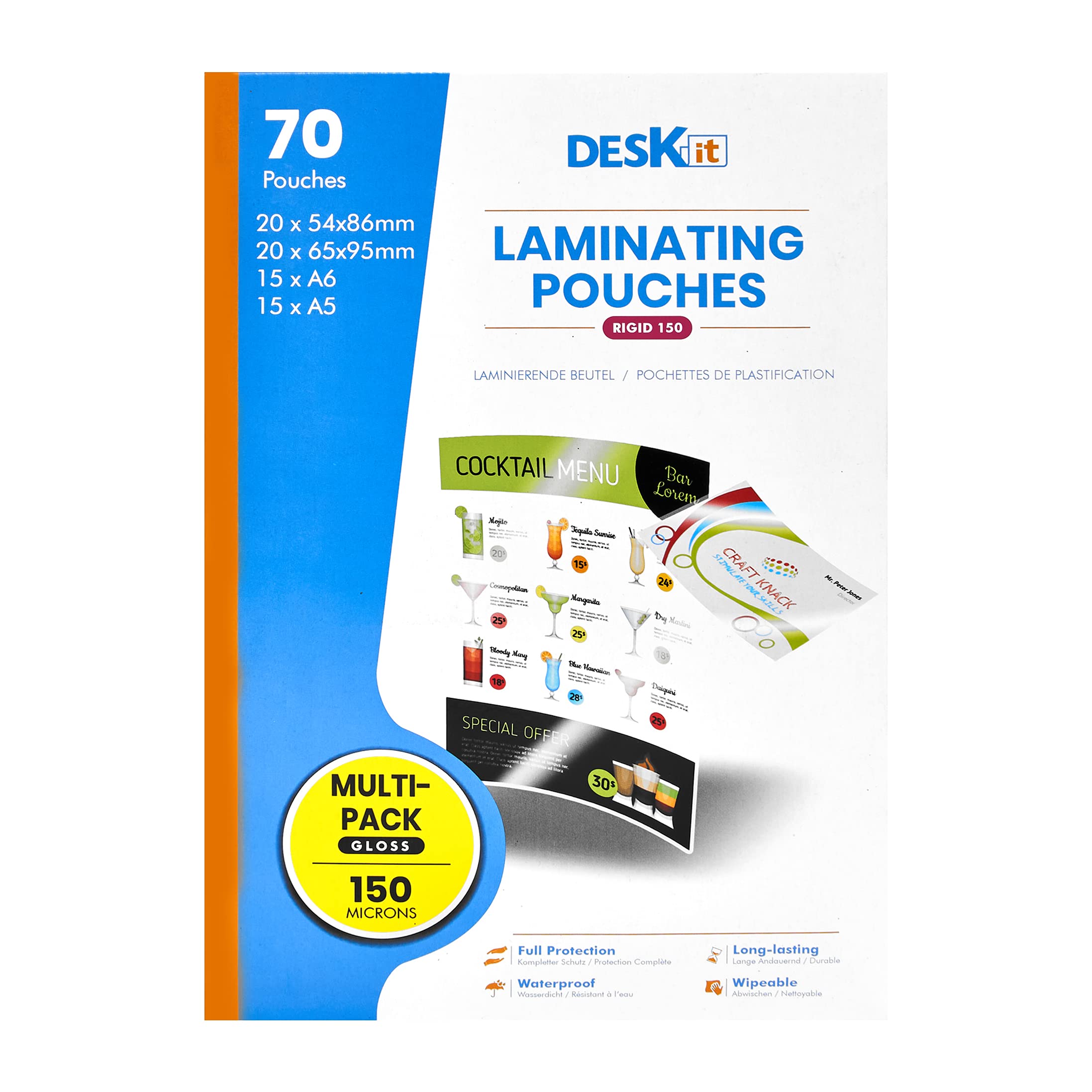deskit Laminating Pouches - 150 Microns Glossy Multipack | A5, A6, 65x95mm, 54x86mm