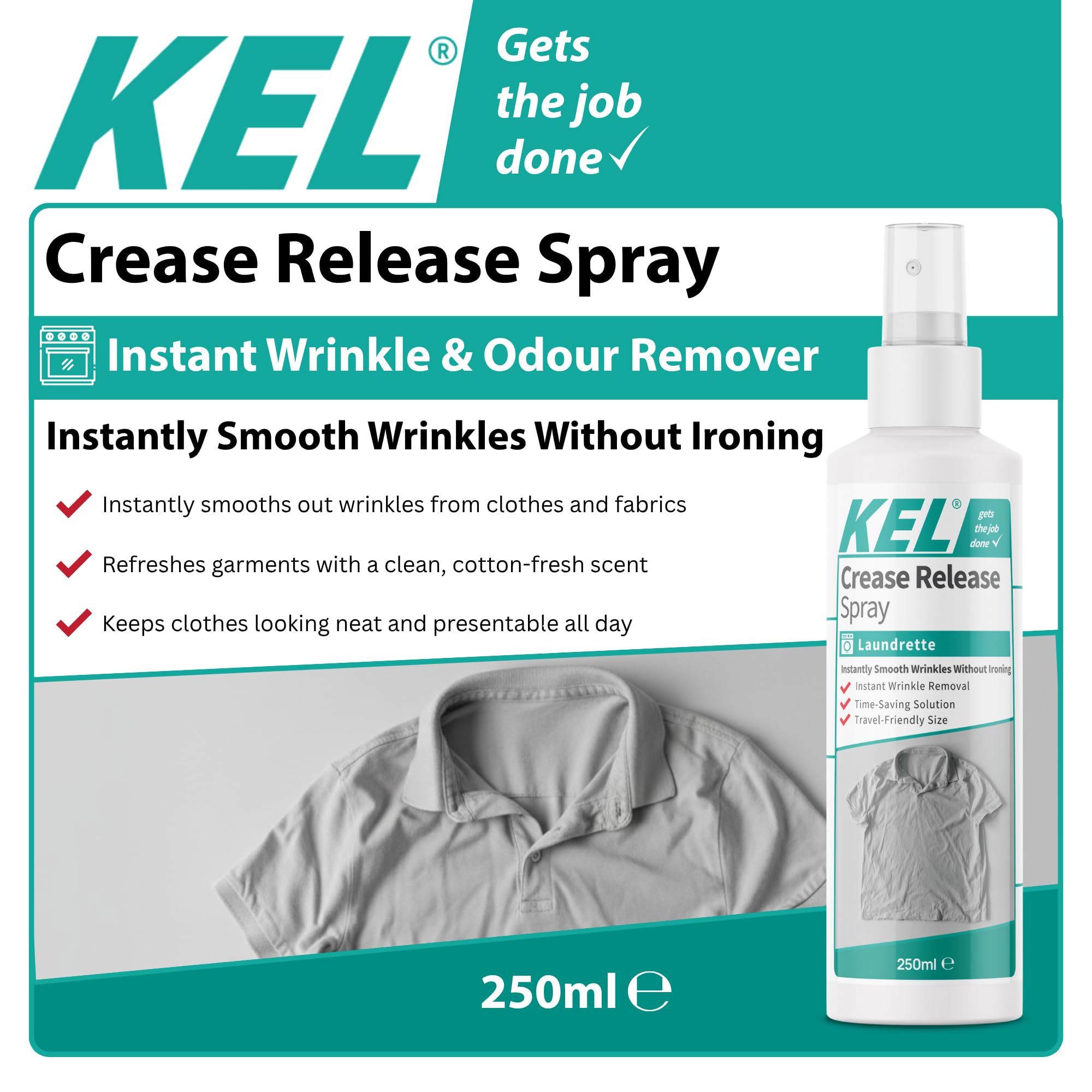 KEL Crease Release Spray - Instant Wrinkle & Odour Remover, Cotton Fresh Scent, 250ml 3