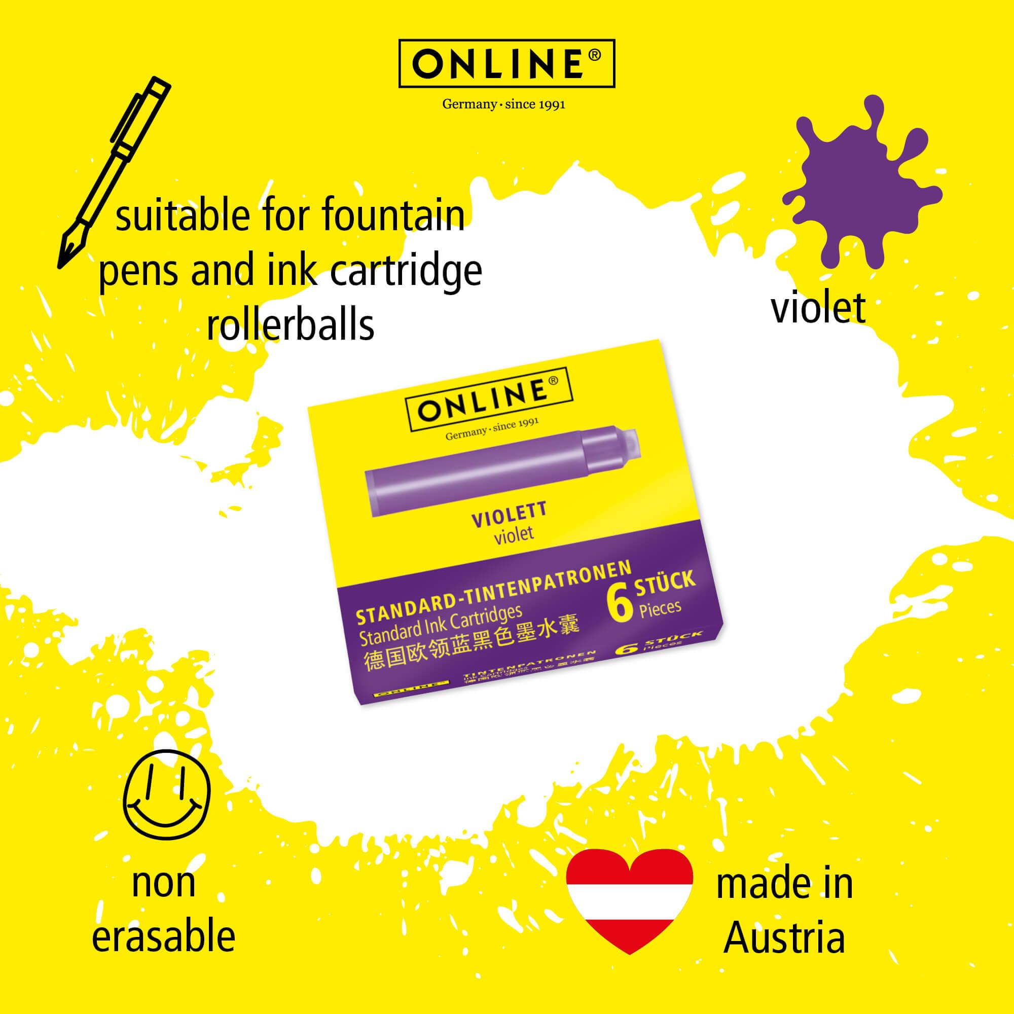 Online Standard Fountain Pen Ink Cartridges - Universal Fit, Lilac, 6 Pack 3