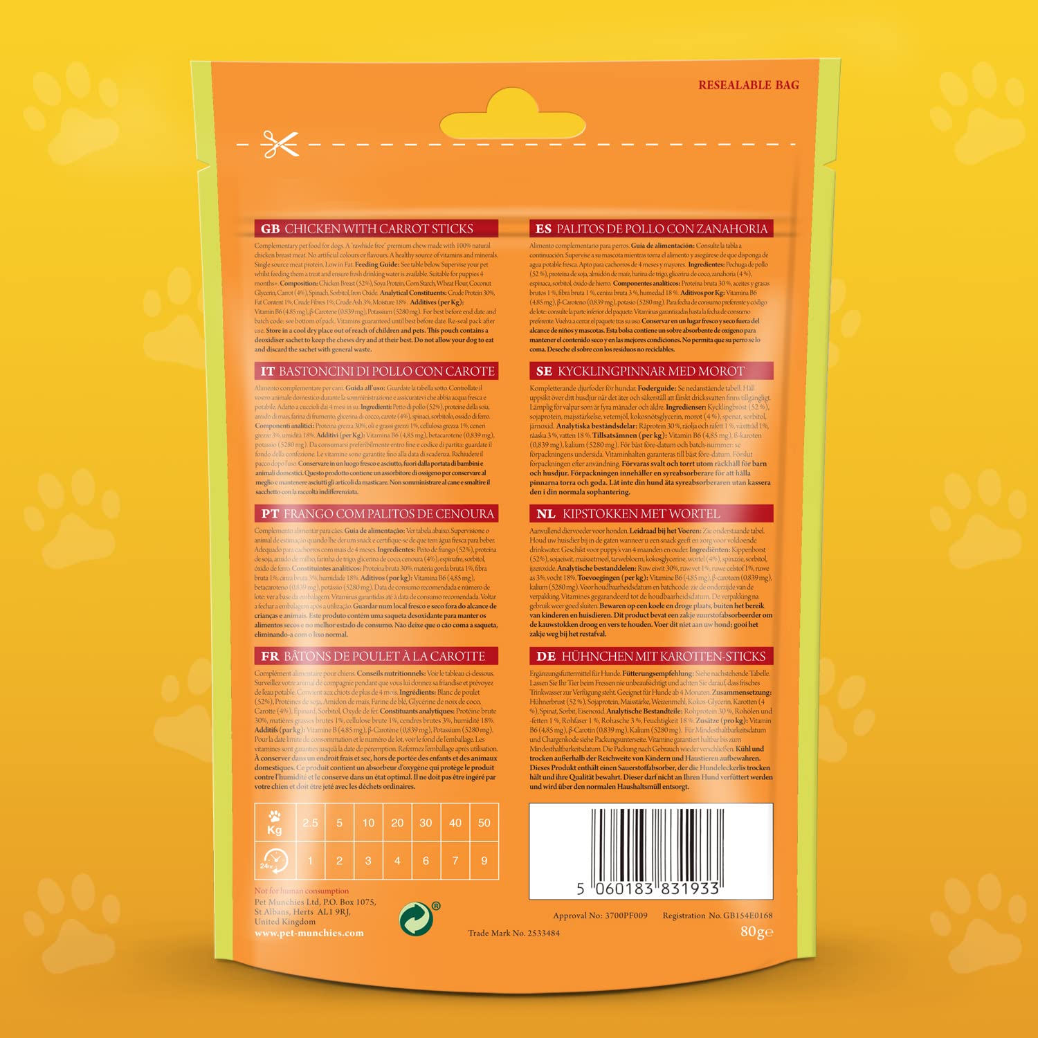 PET MUNCHIES Chicken with Carrot Dental Sticks Dog Treats - Natural, Low Fat | 90g Bag