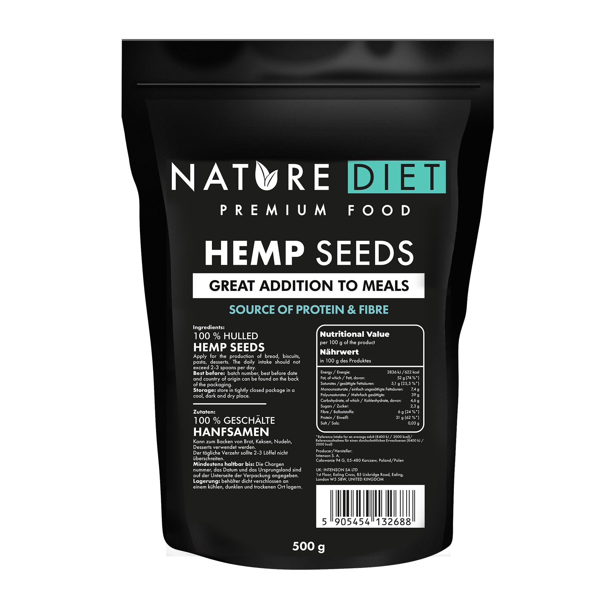 Nature Diet Hulled Hemp Seeds - 500g Pack | High Protein & Fibre | Vegan Keto Friendly