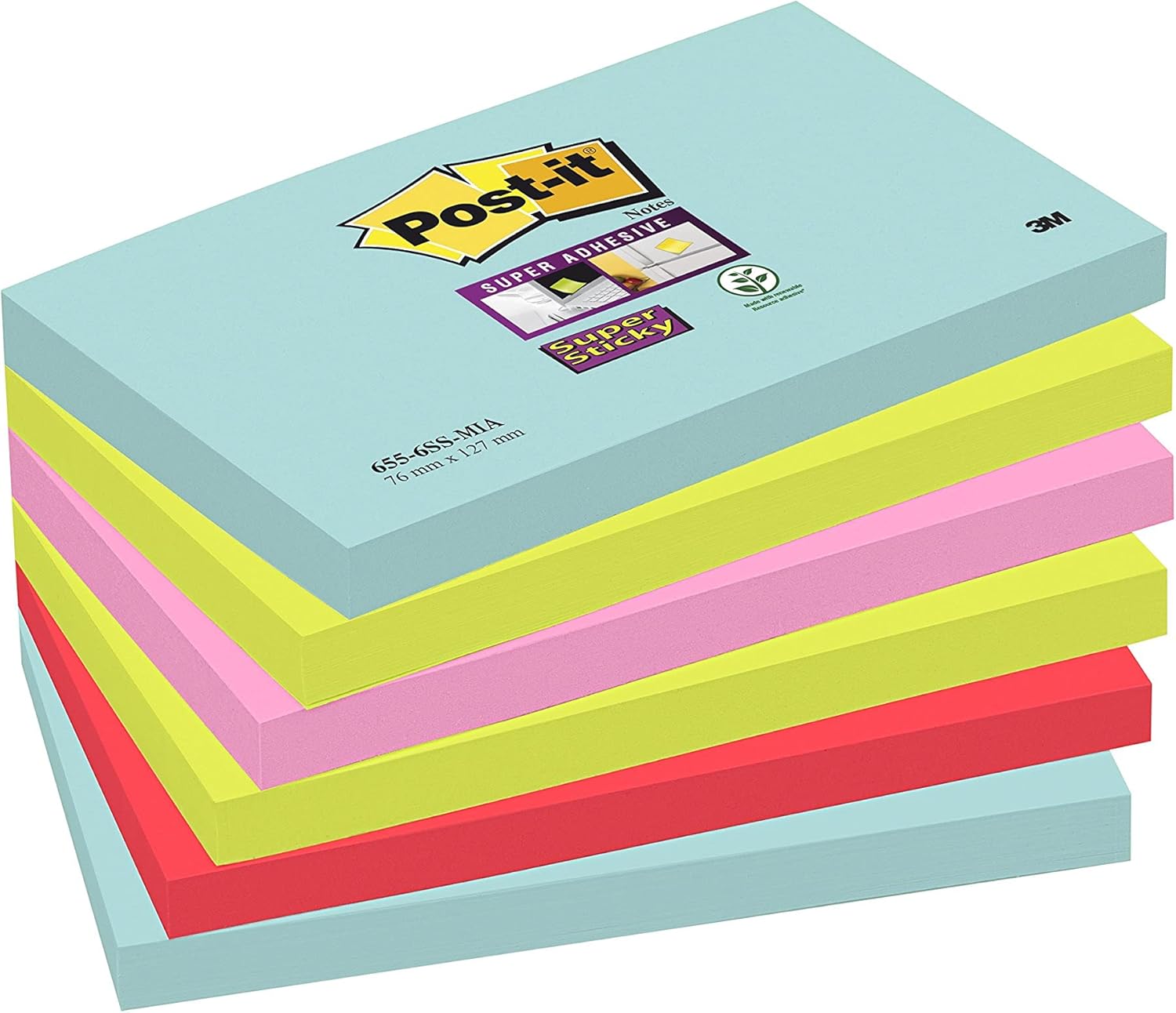 Post-it Super Sticky Notes, Pack of 6 Pads, 90 Sheets/Pad, 76mm x 127mm, Ideal for Desk, Office, School and Memos, Miami Colour Collection