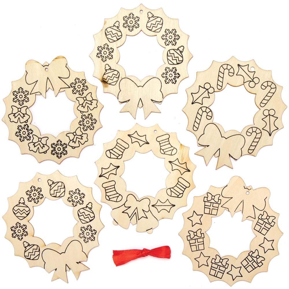 Baker Ross Christmas Wreath Wooden Decorations - Pack of 10, Kids Christmas Craft Kit