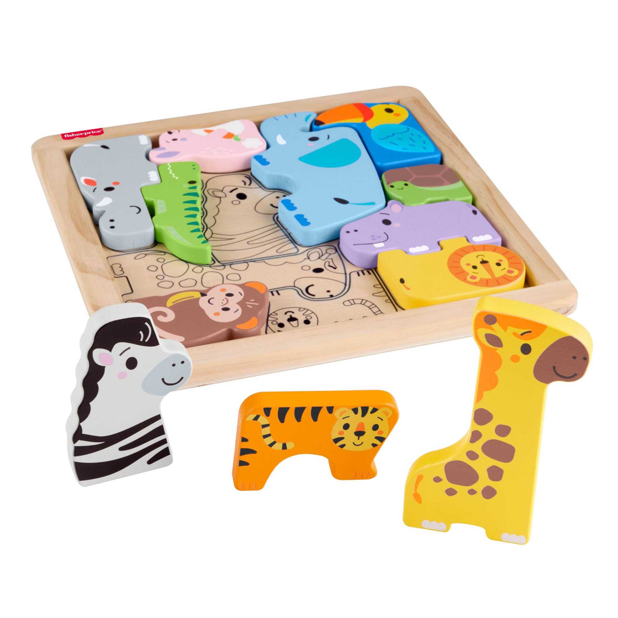 Fisher-Price Wooden Animal Puzzle - 13-Piece Shape-Sorting Activity Toy for Toddlers 2+ 1