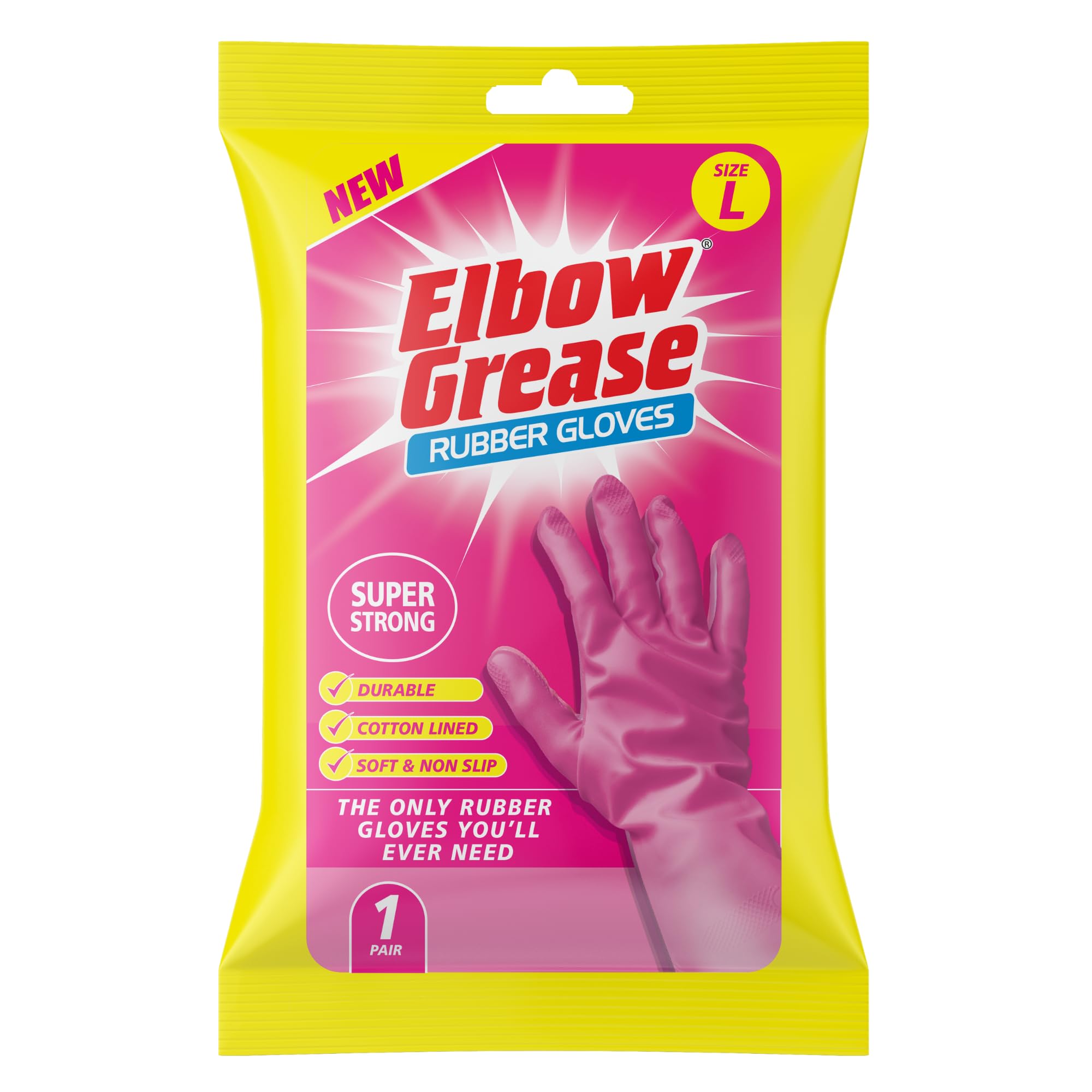 Elbow Grease Rubber Cleaning Gloves - Super Strong | Cotton Lined | Non-Slip Grip | Size L