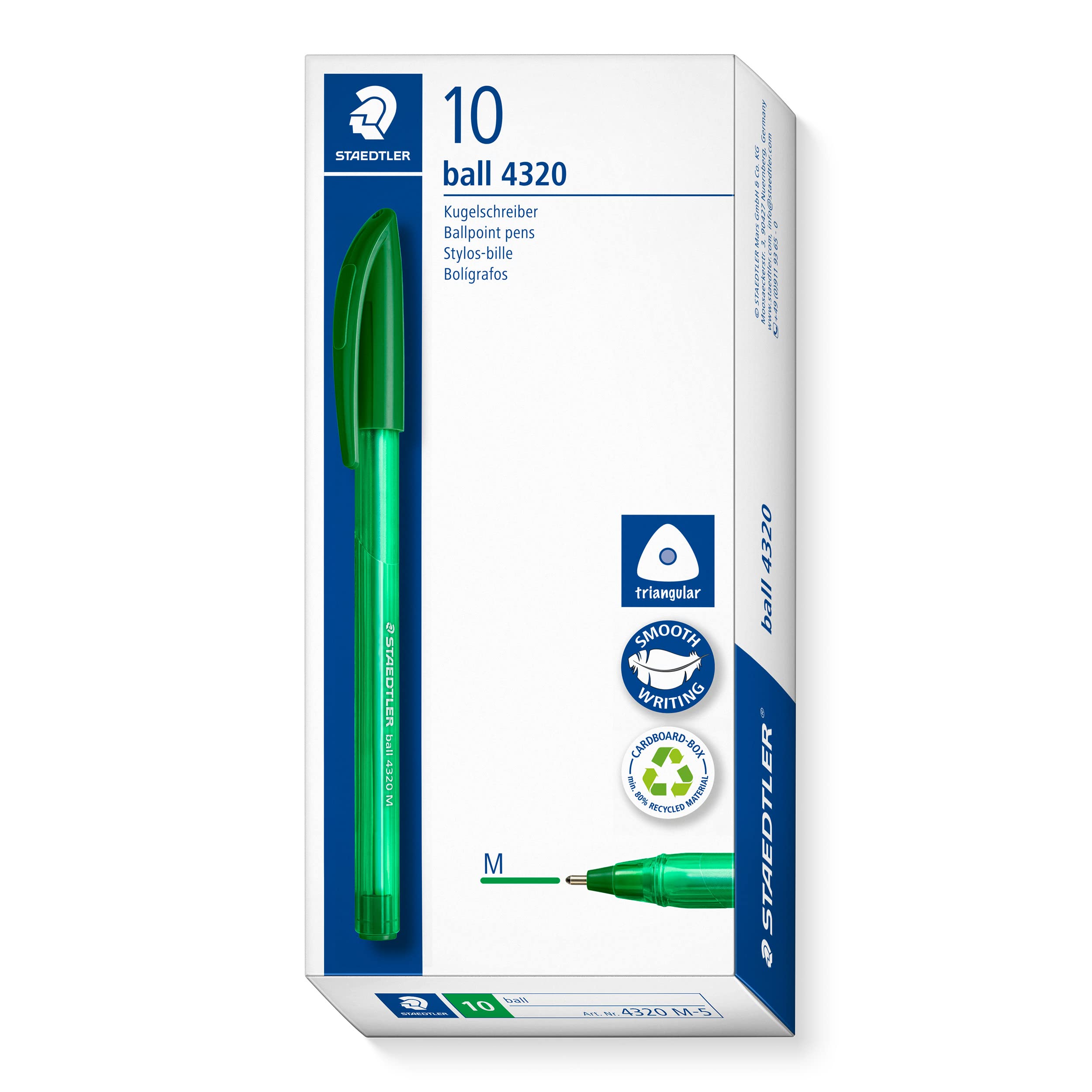 STAEDTLER 4320 M-5 Stick Ballpoint Pen - Green Ink | 1.0mm Medium Point | Pack of 10