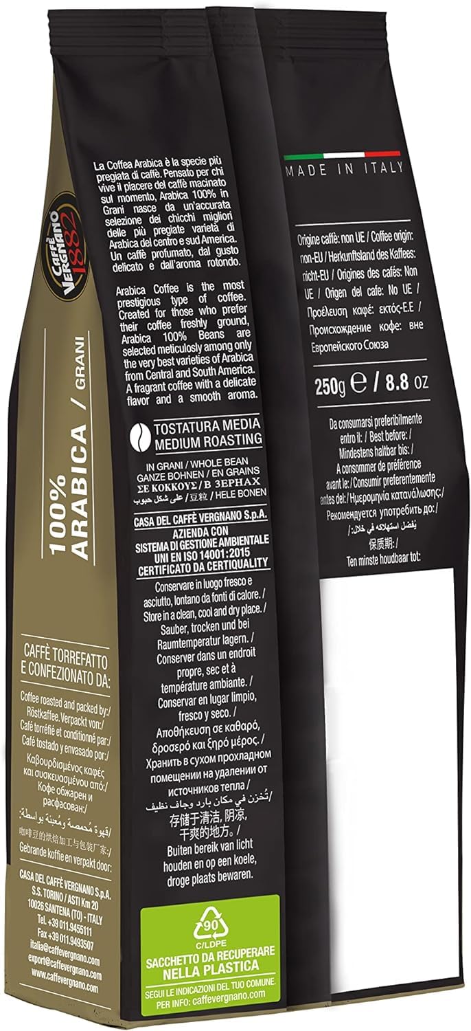 Caffè Vergnano 1882 Arabica 100% Whole Bean Coffee - 250g Pack