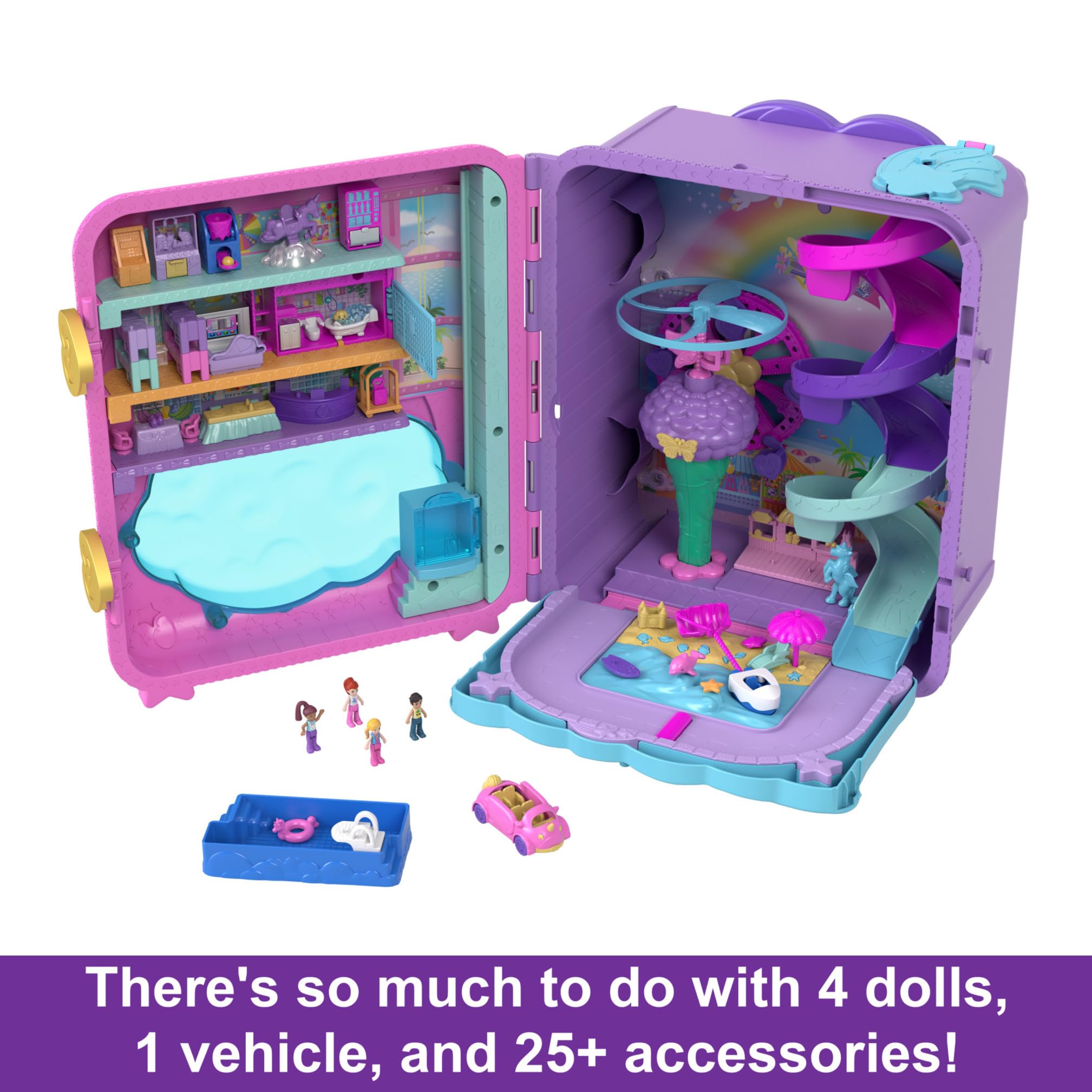 Polly Pocket Pollyville Resort Roll Away Spielset – 4 Puppen, 1 Fahrzeug, über 25 Zubehörteile, Alter 4–10 10