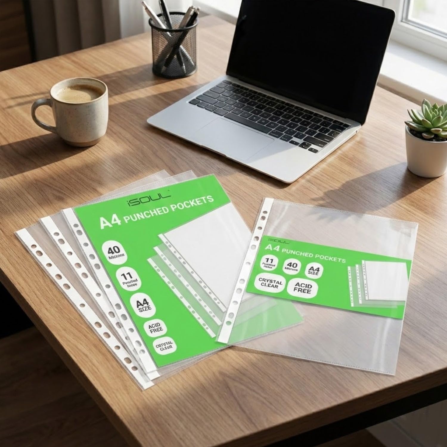 iSOUL A4 Plastic File Pockets - 100 Pack Heavy Duty 40 Micron with 11 Reinforced Holes | Crystal Clear 9