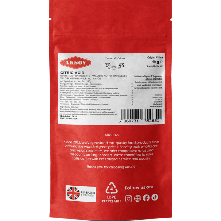 AKSOY - Citric Acid Food Grade 1000g | Non-GMO, for Bath Bombs, Sour Drinks, Cleaning & Canning