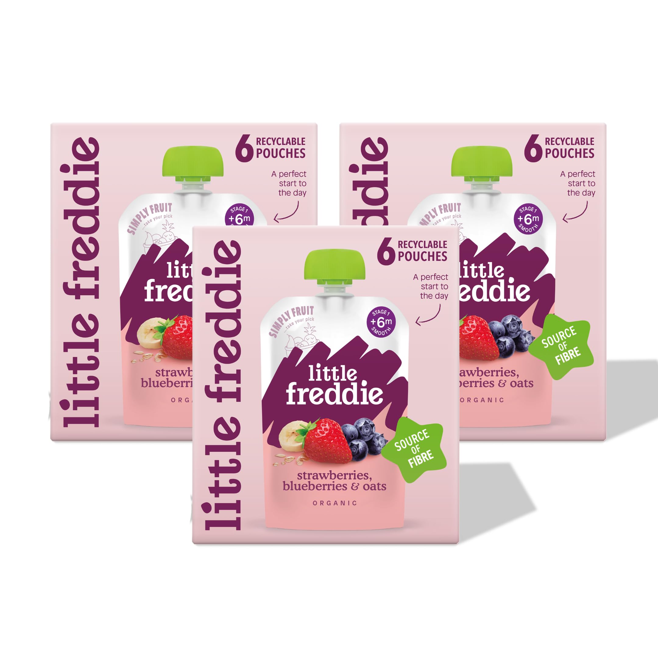 Little Freddie Organic Strawberries, Blueberries & Oats Bundle - 18 x 100g Pouches, Source of Fibre, Suitable from 6 Months 1