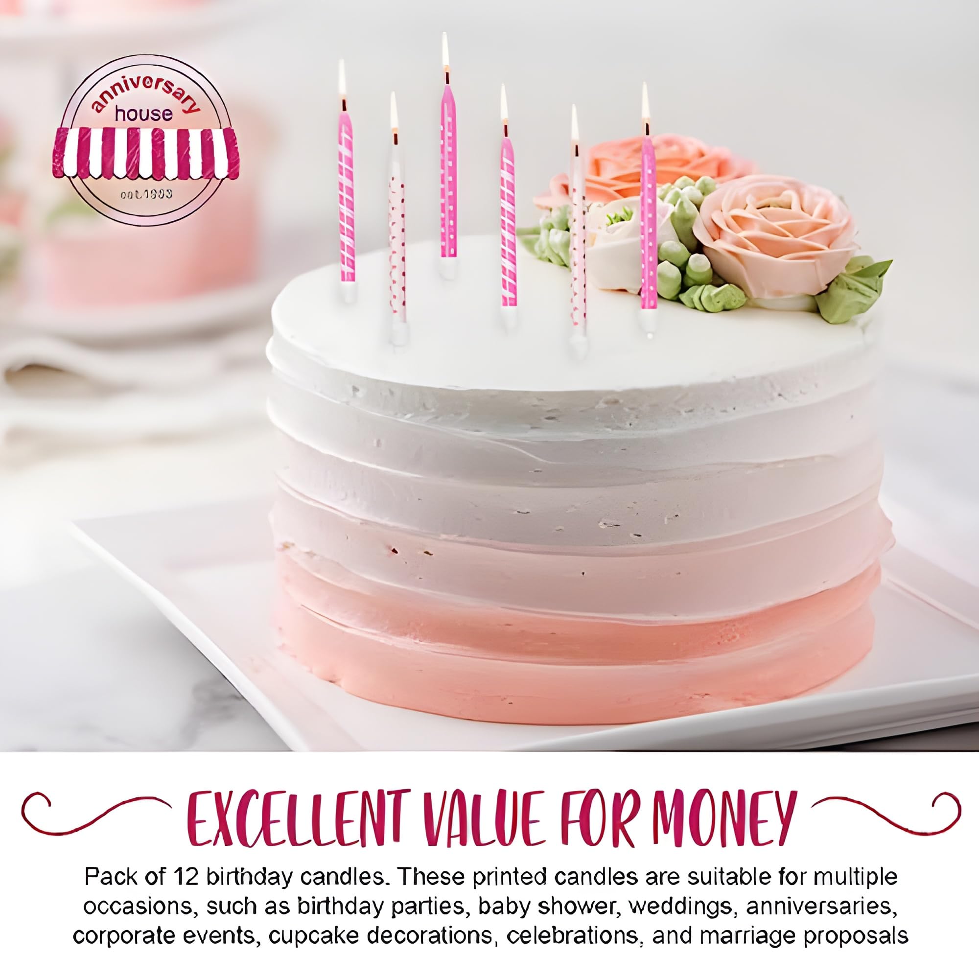 Anniversary House Birthday Candles Set of 12 - Pink Polka Dot and Stripe Prints | Unscented Wax 2