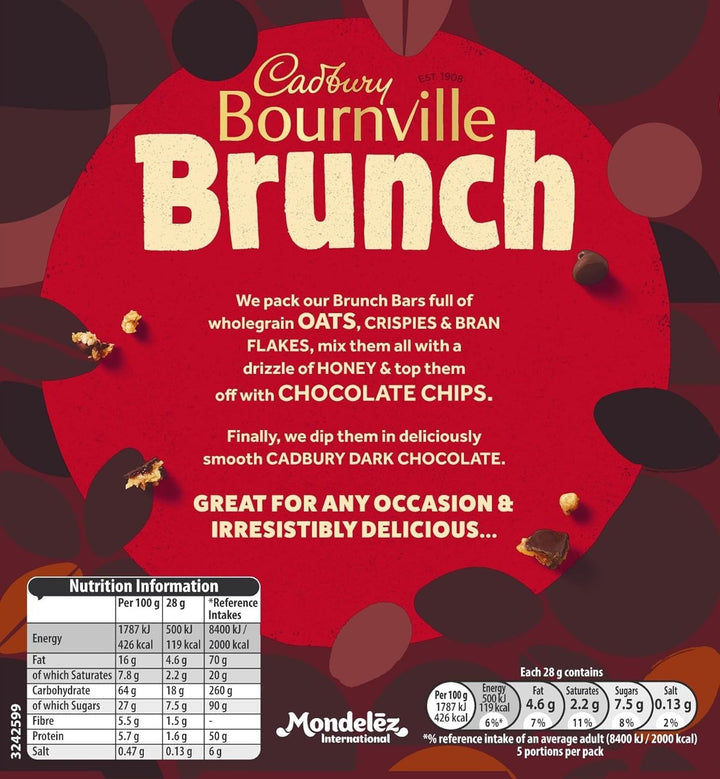 Cadbury Bournville Brunch Bar Chocolate Chip, Dark Chocolate Cereal Bars with Oats, 140g