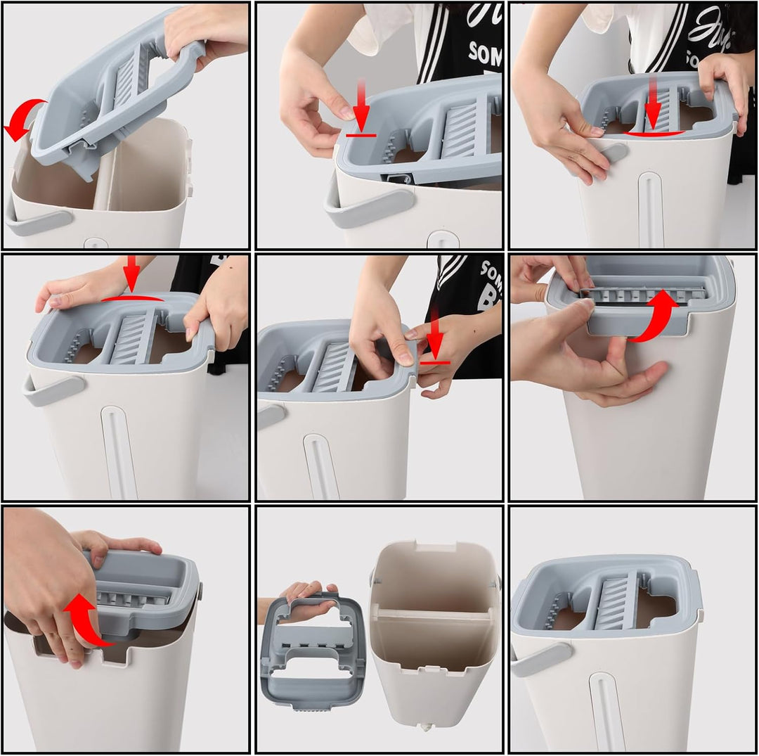 ASelected - Flat Mop and Bucket Set with Hands-Free Squeeze, 10 Reusable Microfiber Pads, Stainless Steel Handle