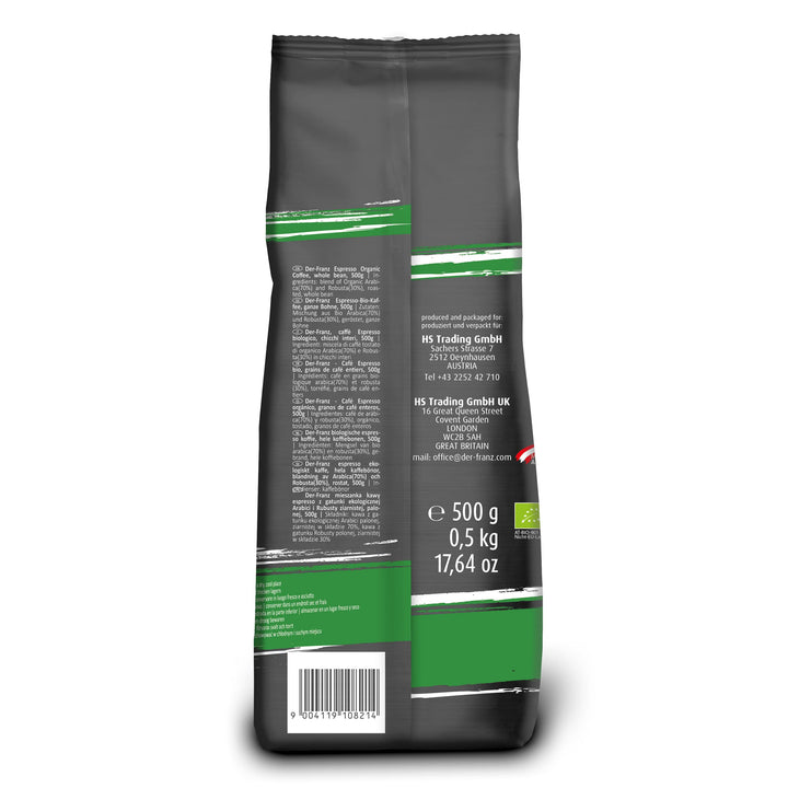 Der-Franz Espresso Organic Coffee, Whole Bean, 3 x 500 g