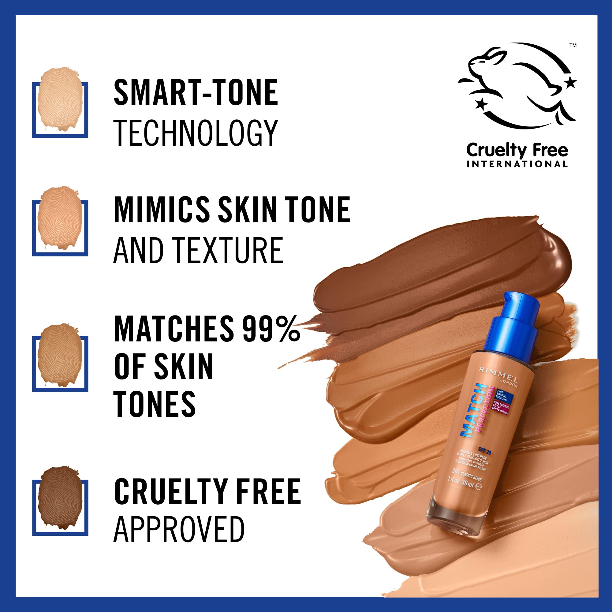 Rimmel Match Perfection Foundation - Light Perfecting Liquid Foundation SPF 20, True Nude 303, Medium Coverage, 24hr Hydration