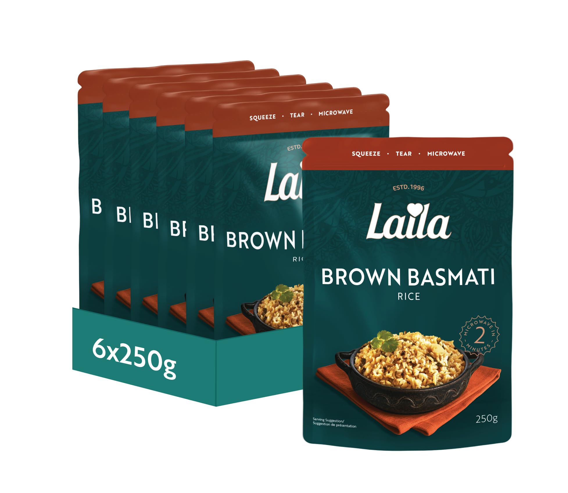 LAILA Brown Basmati Microwave Rice - Wholegrain, Ready in 2 Mins | 6 x 250g Packs 1