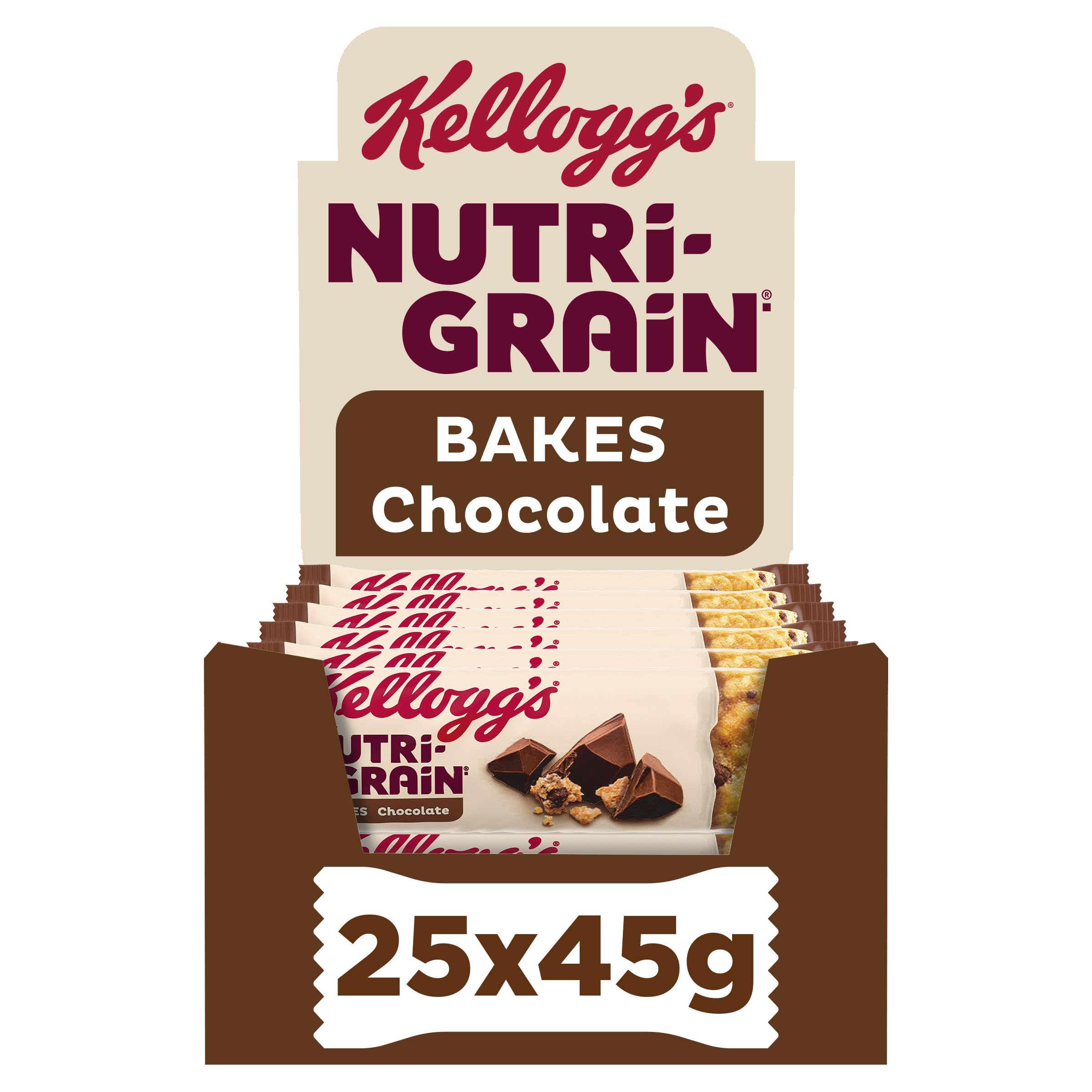NUTRI-GRAIN Chocolate Cereal Bakes with Oats and Wheat, Fortified with Vitamins and Iron | 25 x 45g Pack 1