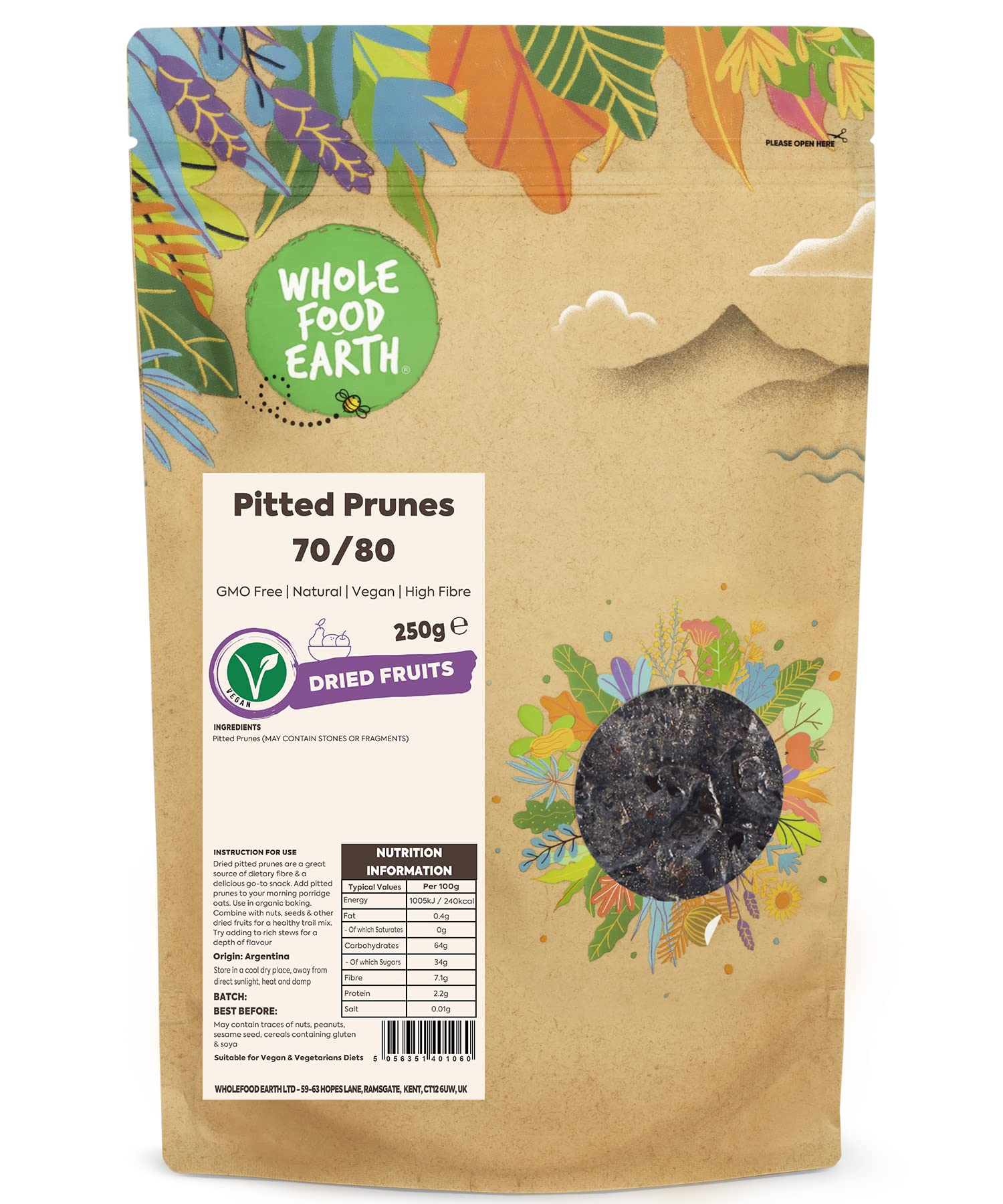 Wholefood Earth Pitted Prunes - GMO Free, Natural Dried Fruit | 250g