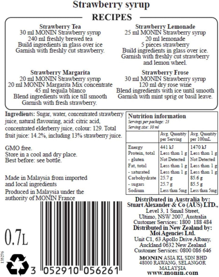 Monin Strawberry Syrup 700 ml - Premium Fruit Syrup for Beverages
