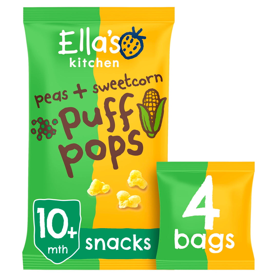 Ella's Kitchen Organic Peas and Sweetcorn Puff Pops Snacks for Babies 10+ Months – 4 x 9g