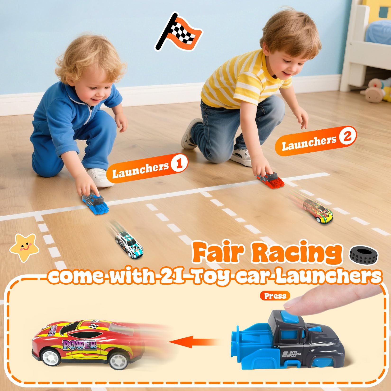 TOYABI 10Pcs Pull Back Toy Cars Racing Set with Mat & 2 Launchers | Metal Shell | Ages 3+ 3