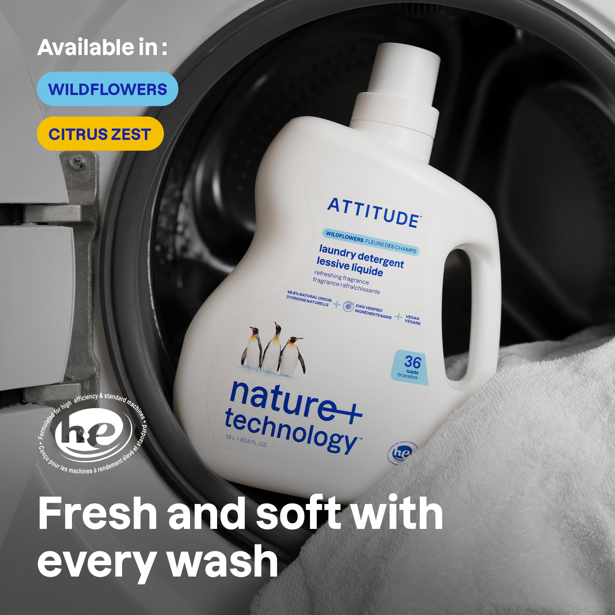 ATTITUDE Liquid Laundry Detergent - EWG Verified, Wildflower Scent, HE Compatible | 1.8 L (36 Loads) 2