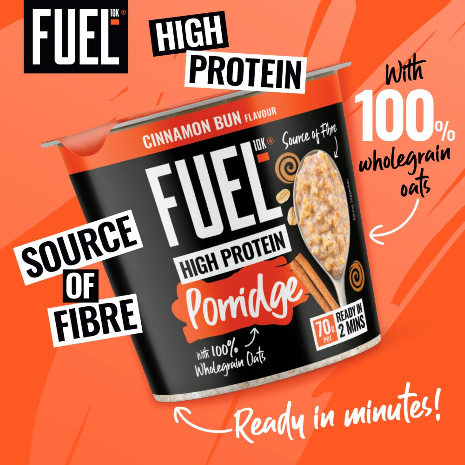 FUEL10K High Protein Cinnamon Bun Porridge Pot - 13g Protein, Wholegrain Oats | 8 Pack of 70g 3