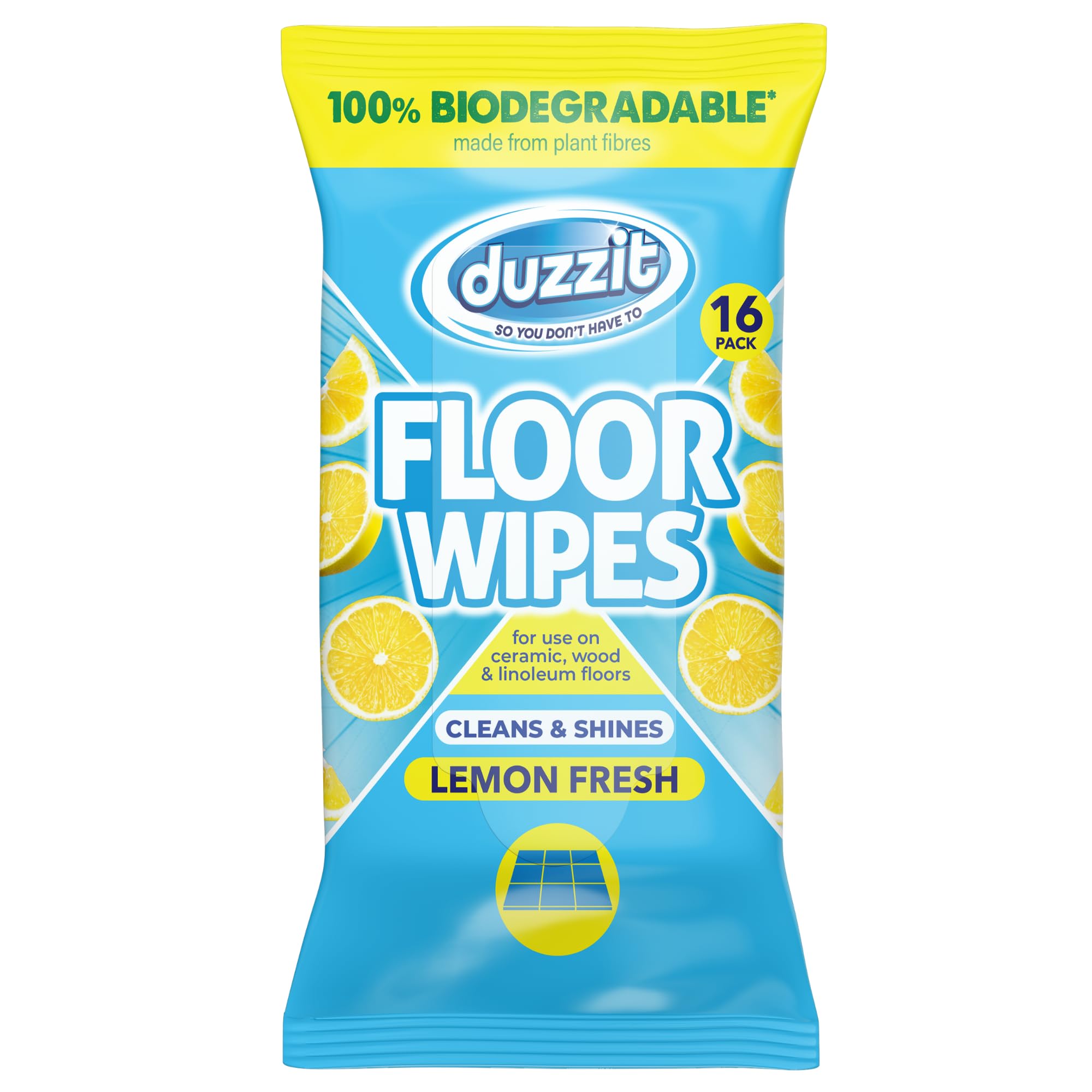 Duzzit Floor Wipes - 16 Count Biodegradable Plant Fibre Wipes for All Floors