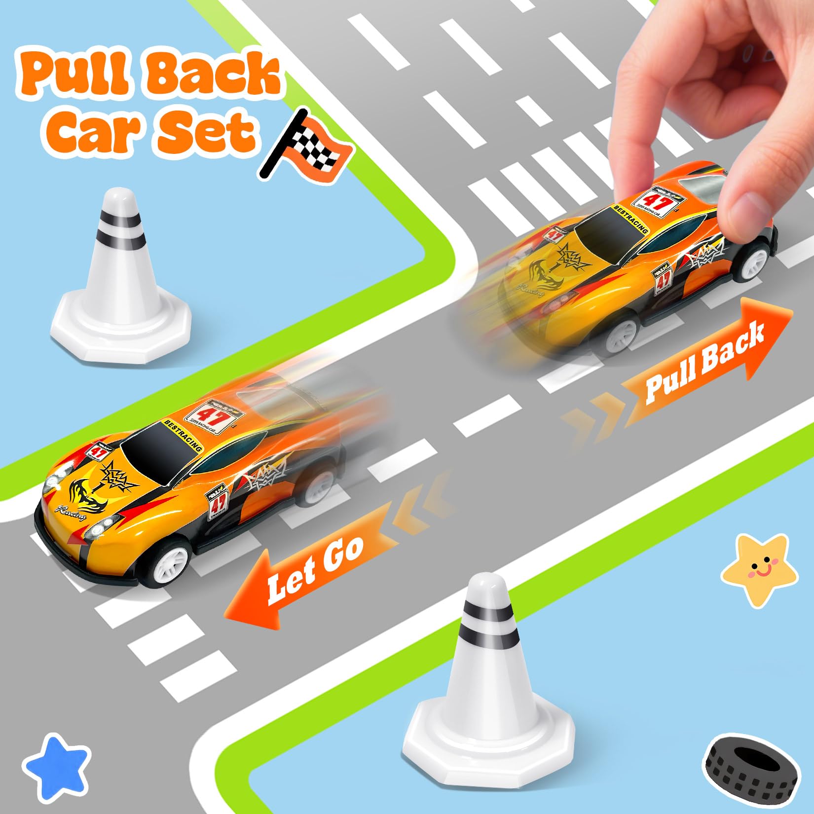 TOYABI 10Pcs Pull Back Toy Cars Racing Set with Mat & 2 Launchers | Metal Shell | Ages 3+ 4
