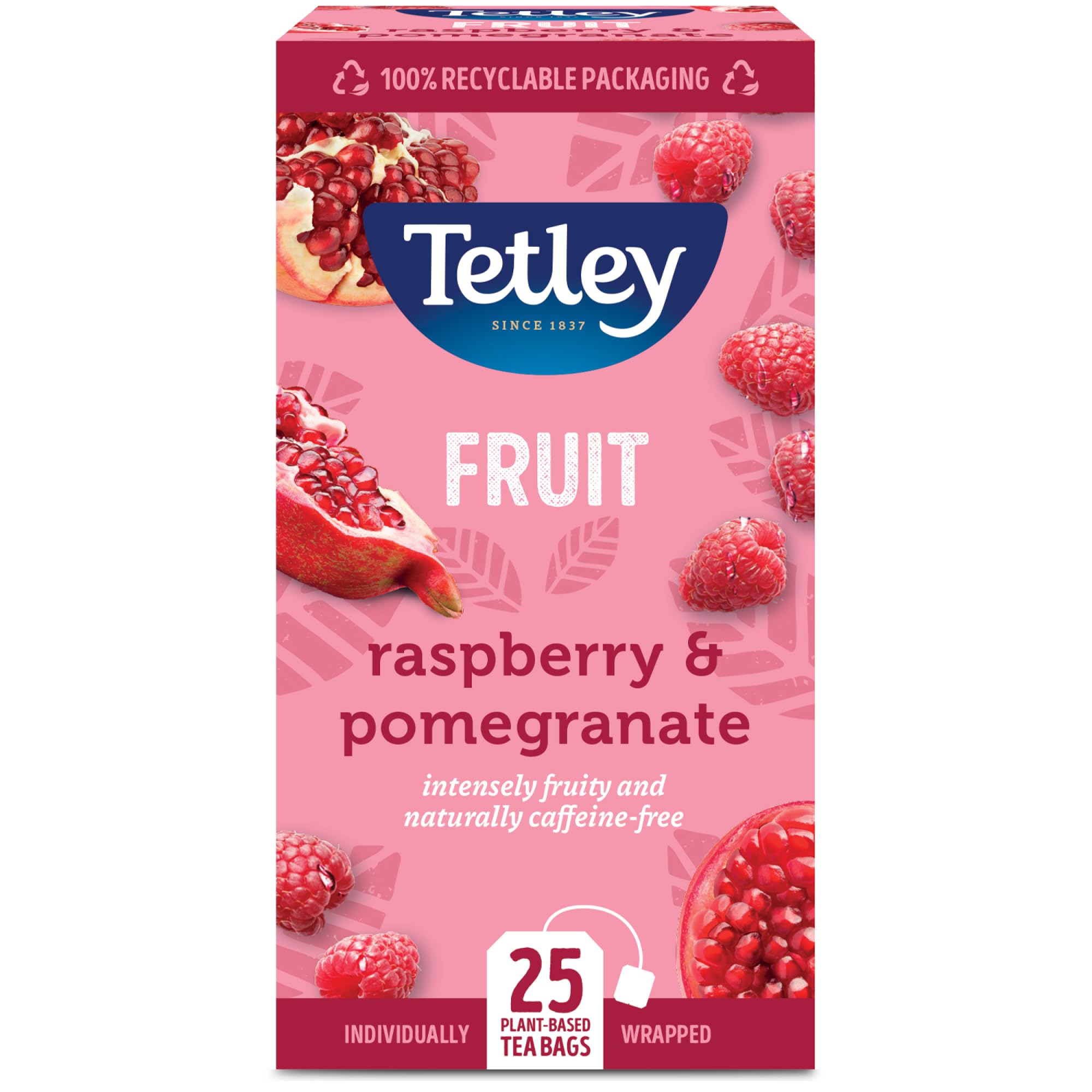 Tetley Raspberry & Pomegranate Herbal Tea Bags - Naturally Caffeine-Free | 25 Count | 300g