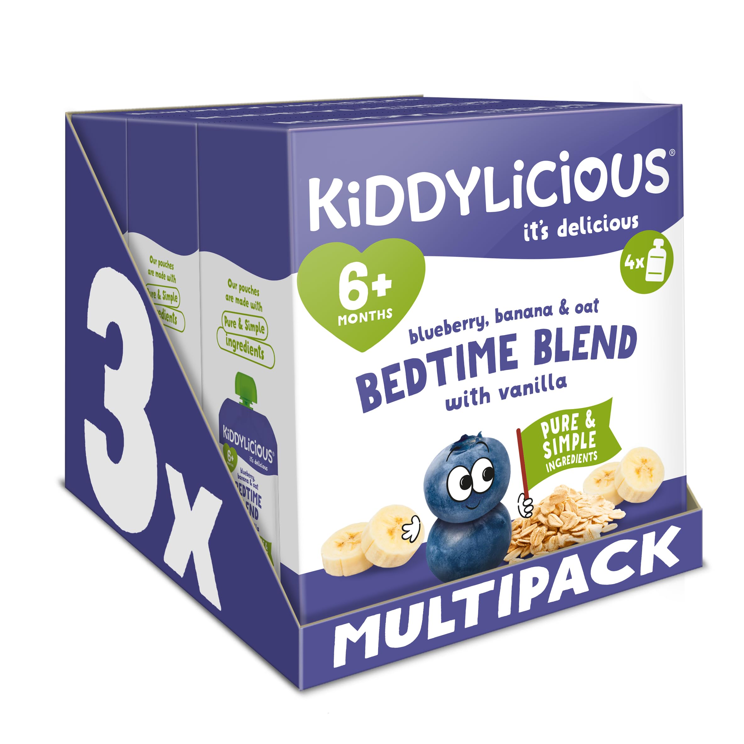 Kiddylicious Bedtime Blend Blueberry, Banana & Oat Pouches - Smooth Blend | 12 x 100g Pouches