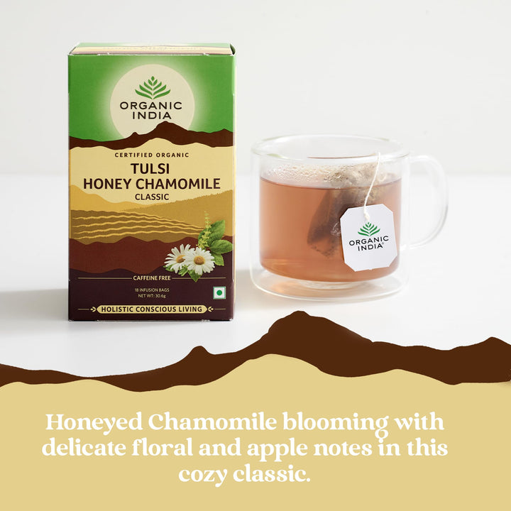 Organic India Tulsi Honey Chamomile Tea, Caffeine-Free, Certified Organic, Plant-Based, 175g