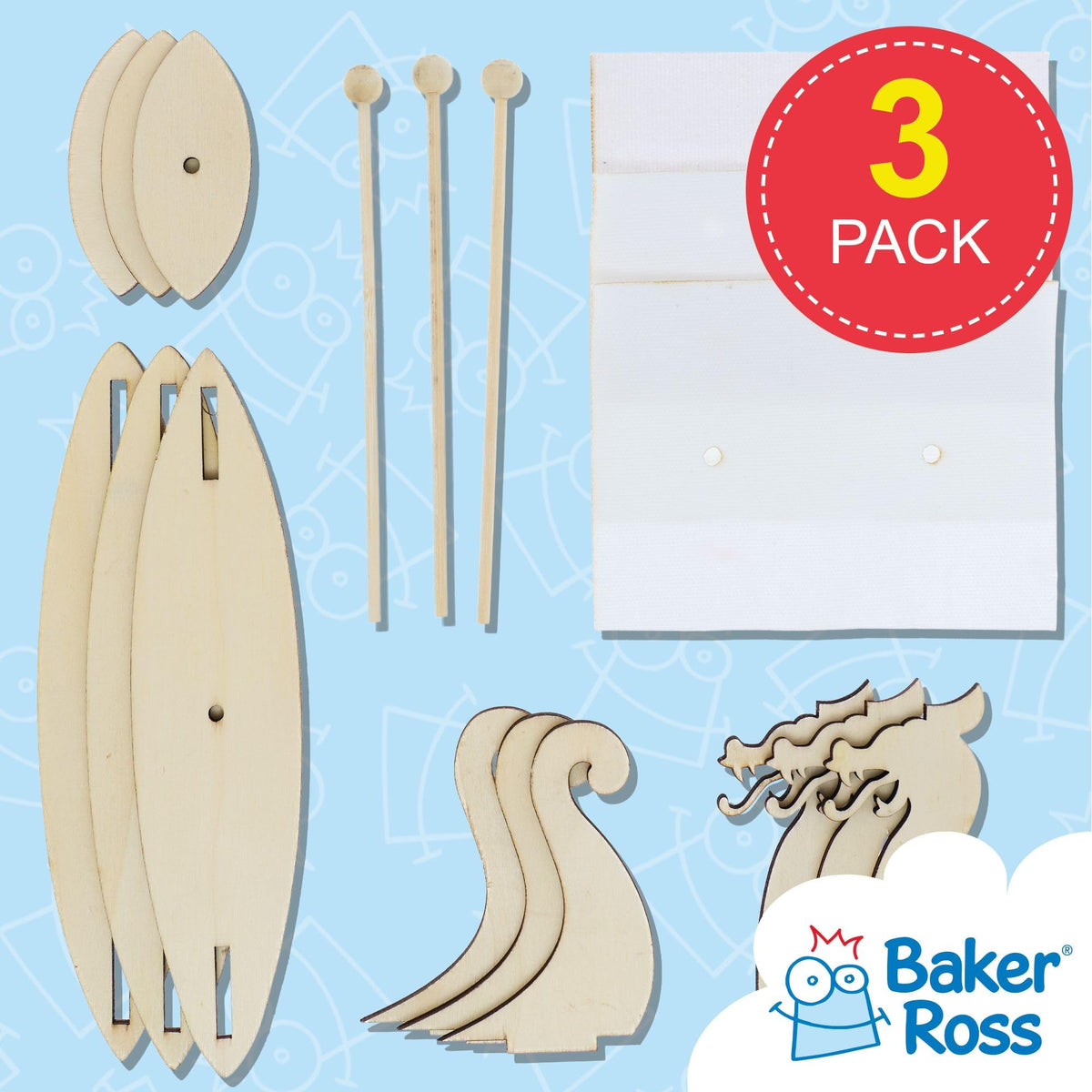 Baker Ross Viking Longboat Kits, Wooden Craft Kit, Pack of 3, Age 3+