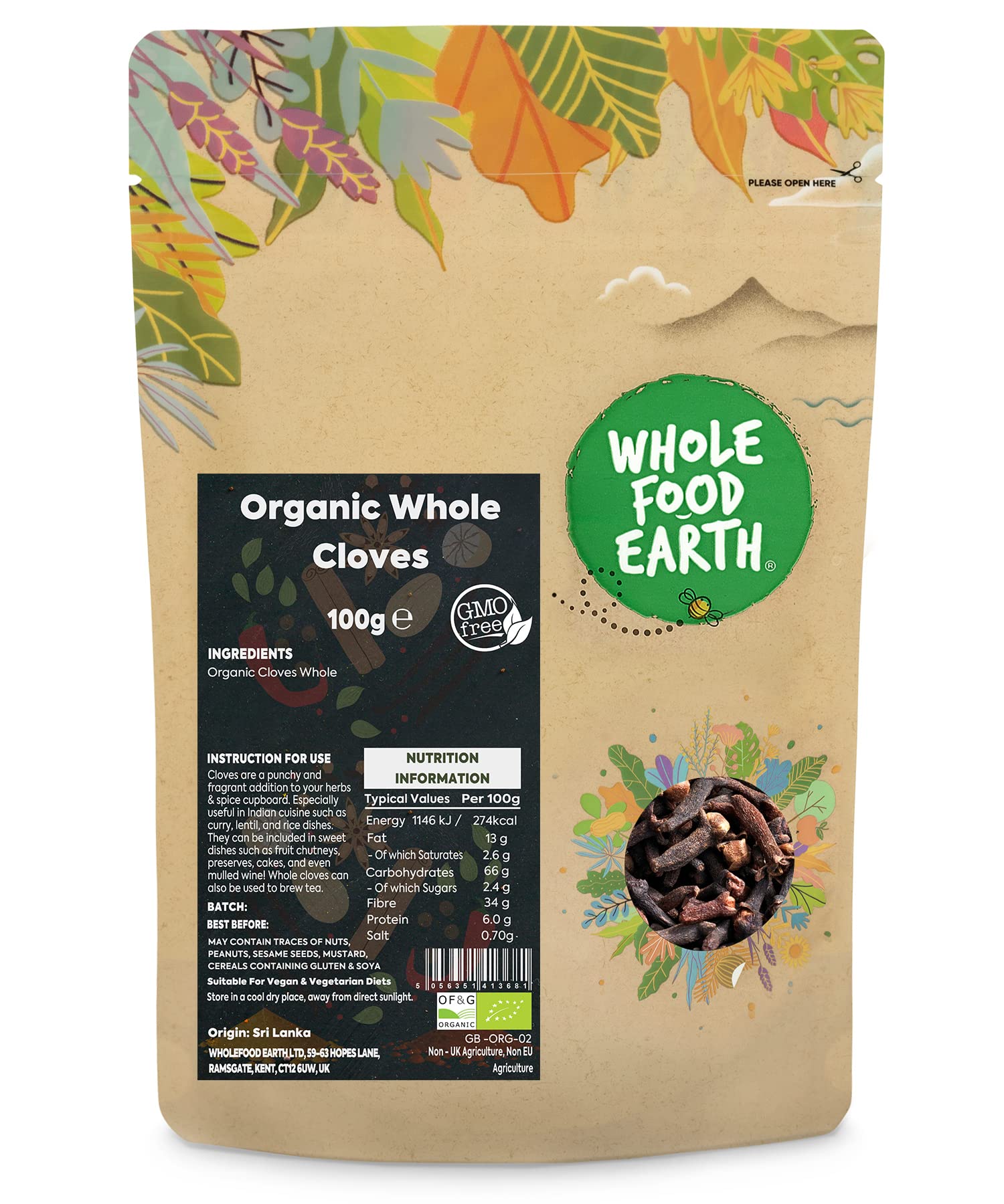 Wholefood Earth Organic Whole Cloves - 100g | GMO Free | Certified Organic