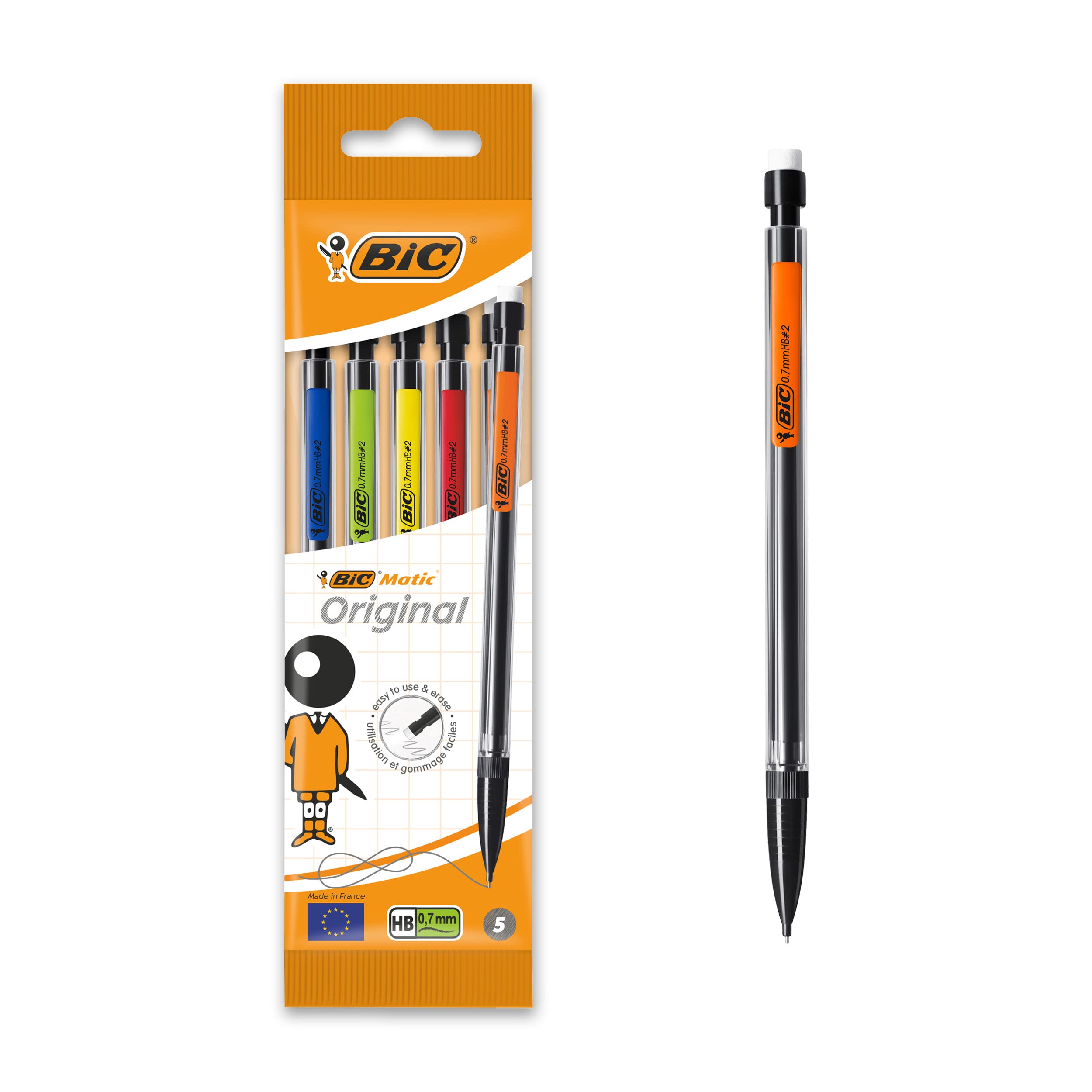 BIC Matic Original Mechanical Pencils - 0.7mm Fine Point, HB Lead, Built-in Eraser | 5 Pack 1