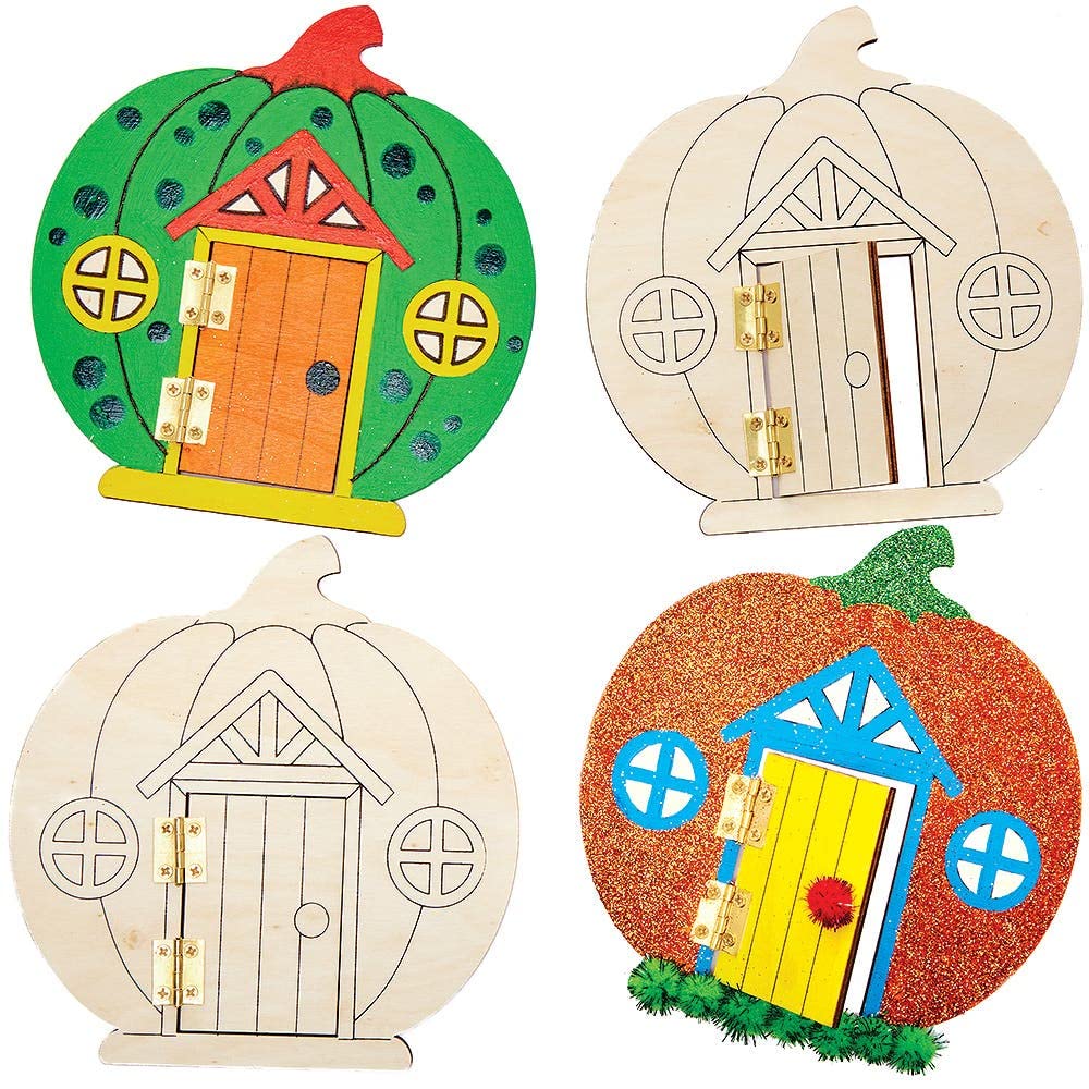Baker Ross FX250 Pumpkin Wooden Fairy Doors - Pack of 4 Halloween Craft Kit 1