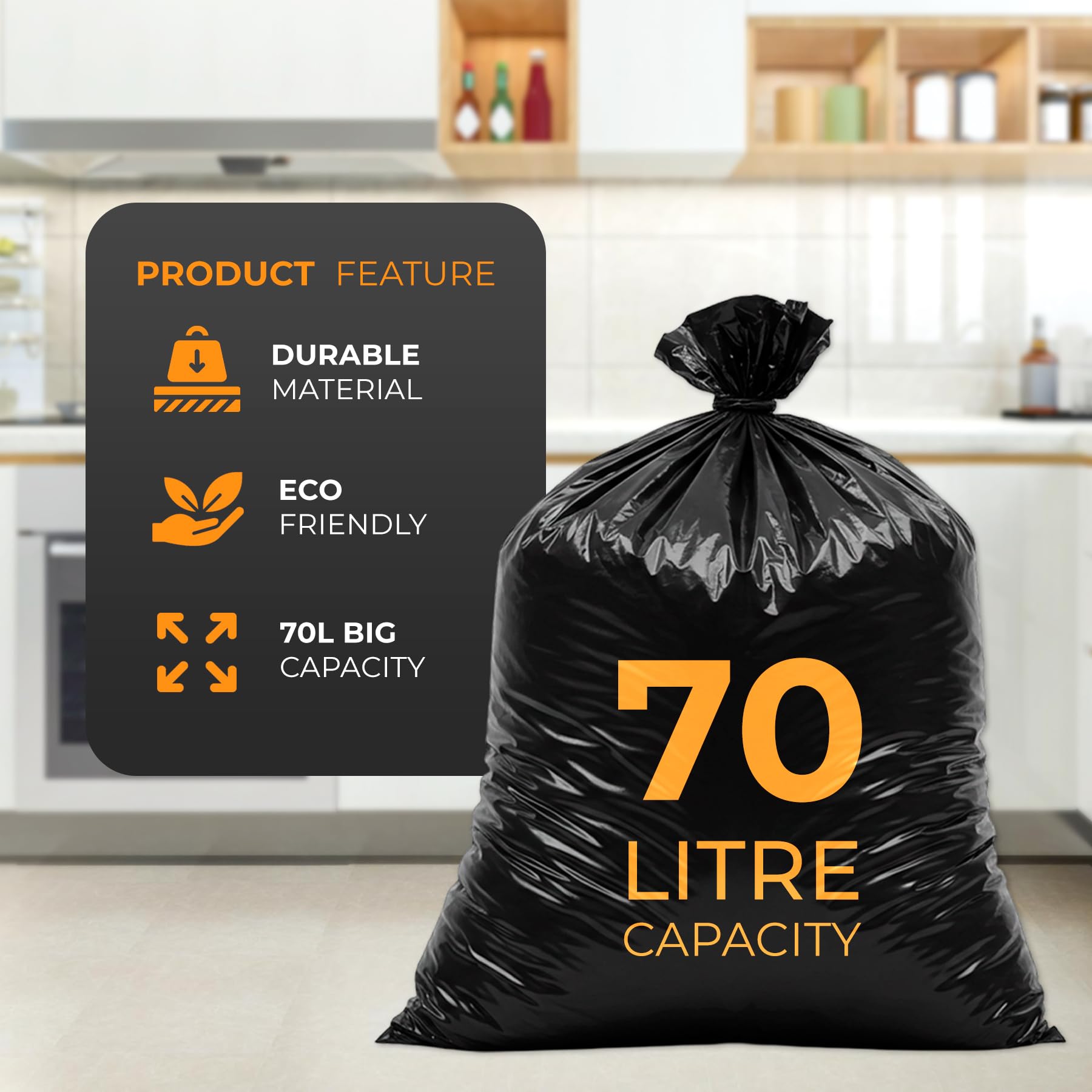 Roe Tenpo Heavy Duty Bin Bags - 100 Pack, 70L Capacity, 30 Micron Thick | Recycled Plastic 3